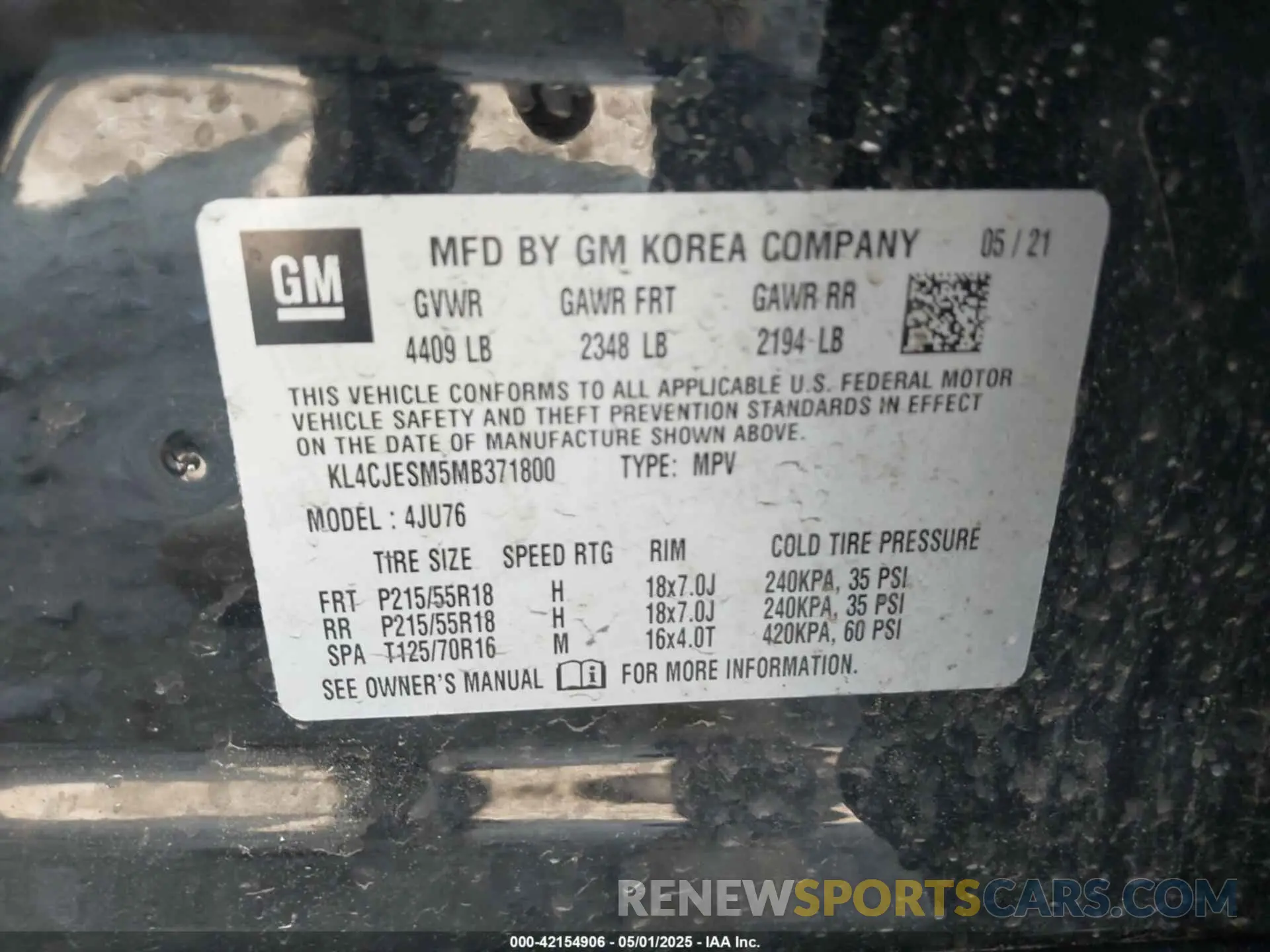 9 fotografías del automóvil dañado KL4CJESM5MB371800 BUICK ENCORE 2021