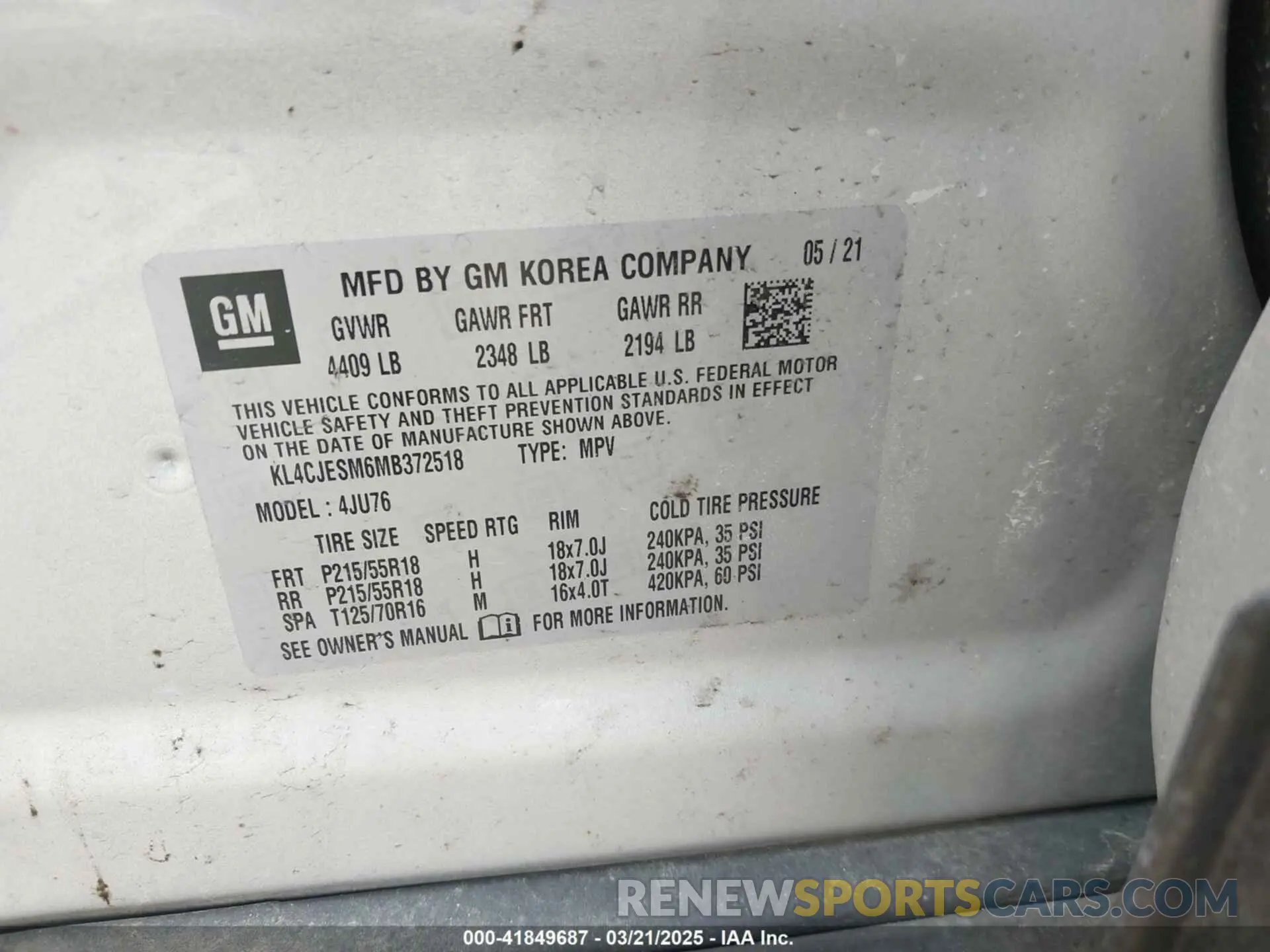 9 fotografías del automóvil dañado KL4CJESM6MB372518 BUICK ENCORE 2021