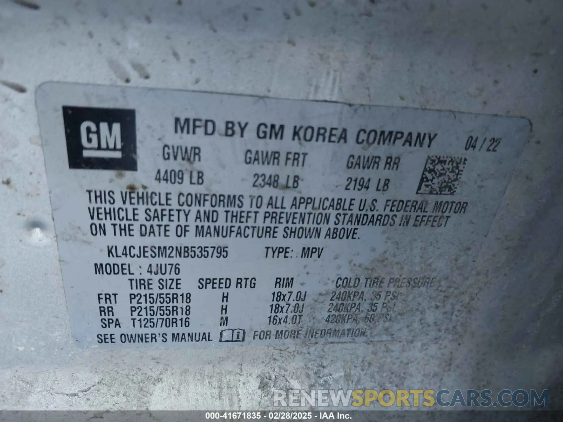9 fotografías del automóvil dañado KL4CJESM2NB535795 BUICK ENCORE 2022