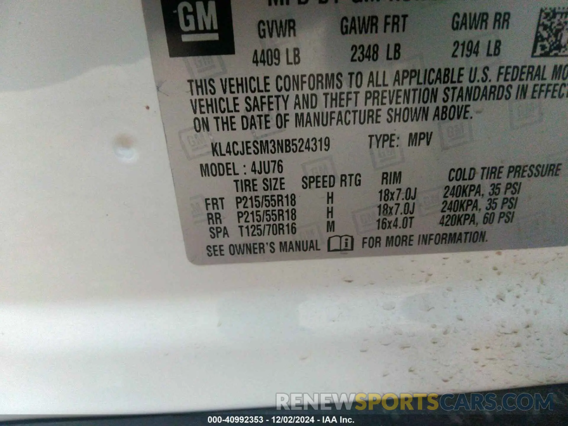 9 fotografías del automóvil dañado KL4CJESM3NB524319 BUICK ENCORE 2022