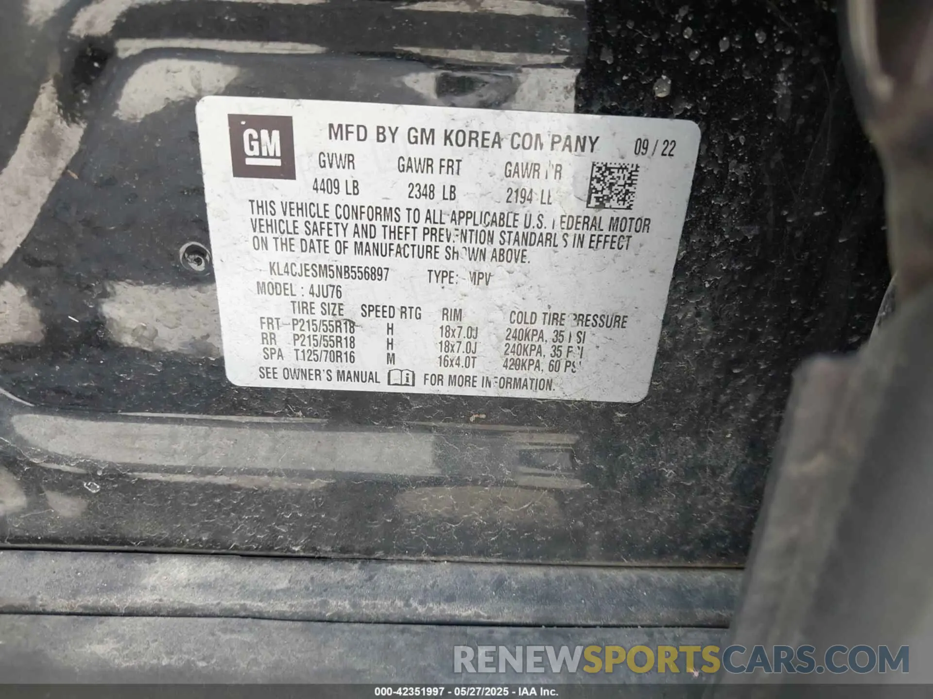 9 fotografías del automóvil dañado KL4CJESM5NB556897 BUICK ENCORE 2022