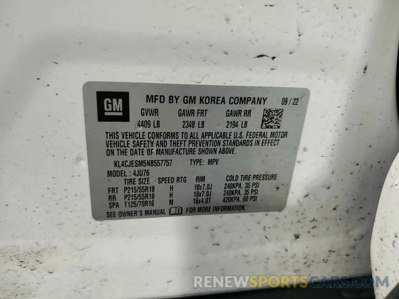 13 fotografías del automóvil dañado KL4CJESM5NB557757 BUICK ENCORE 2022