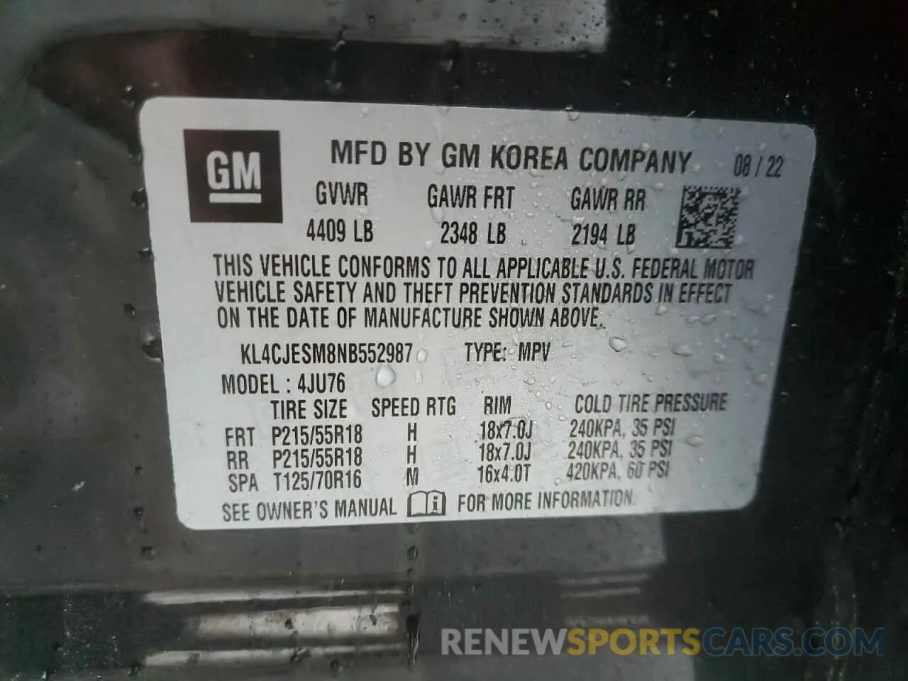 14 fotografías del automóvil dañado KL4CJESM8NB552987 BUICK ENCORE 2022