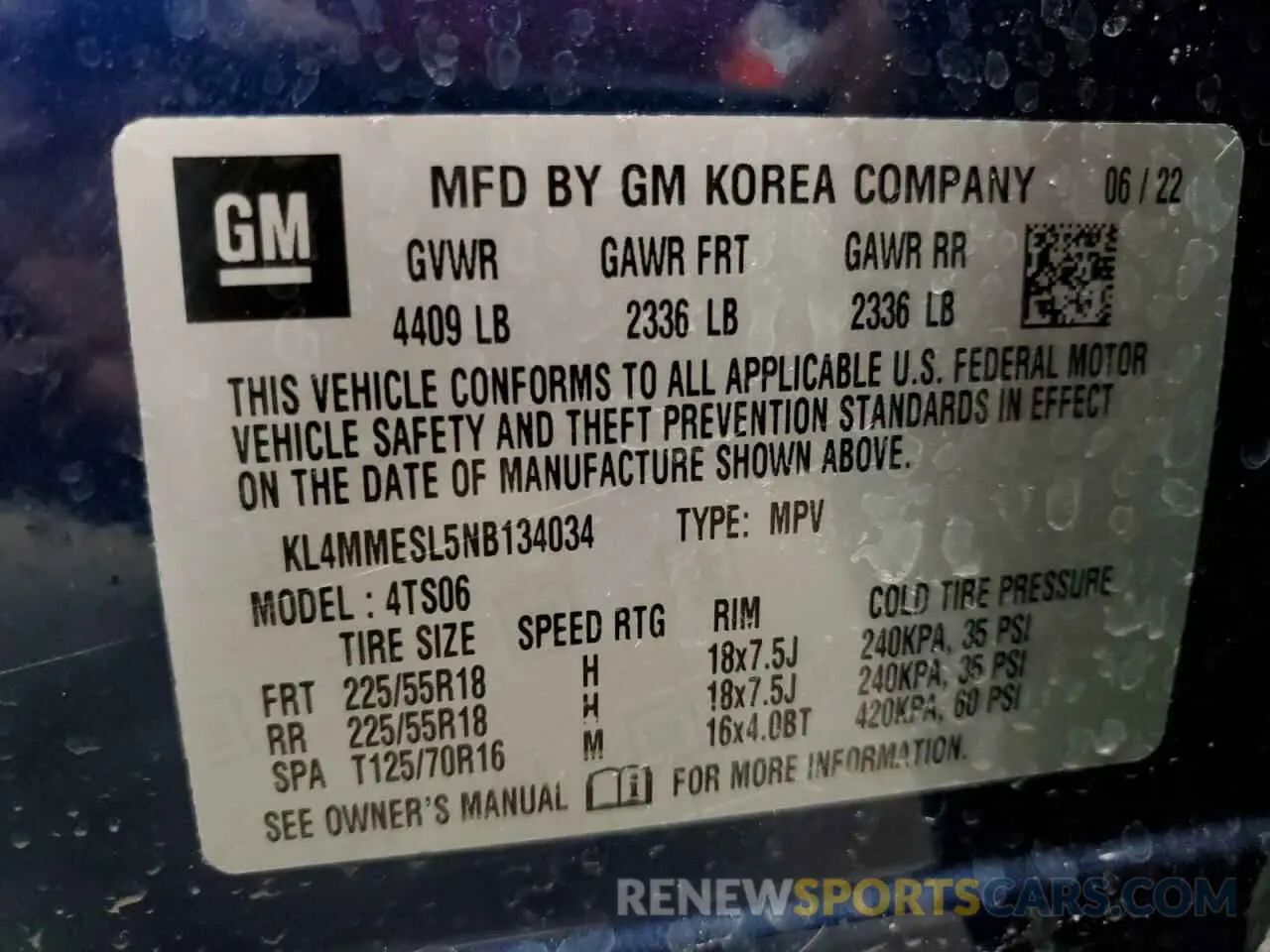 15 fotografías del automóvil dañado KL4MMESL5NB134034 BUICK ENCORE 2022