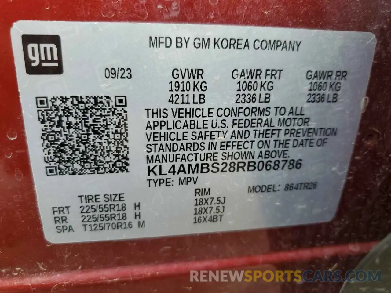 13 fotografías del automóvil dañado KL4AMBS28RB068786 BUICK ENCORE 2024