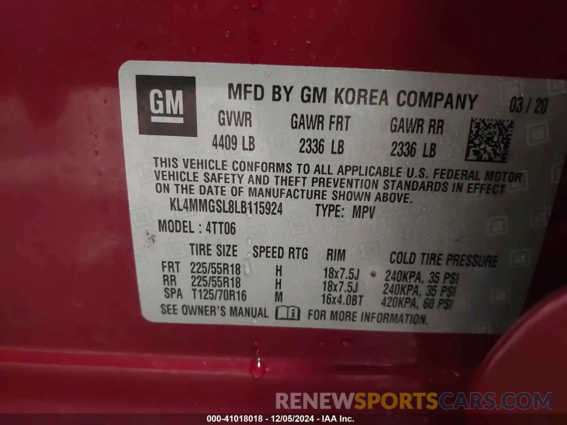 9 fotografías del automóvil dañado KL4MMGSL8LB115924 BUICK ENCORE GX 2020