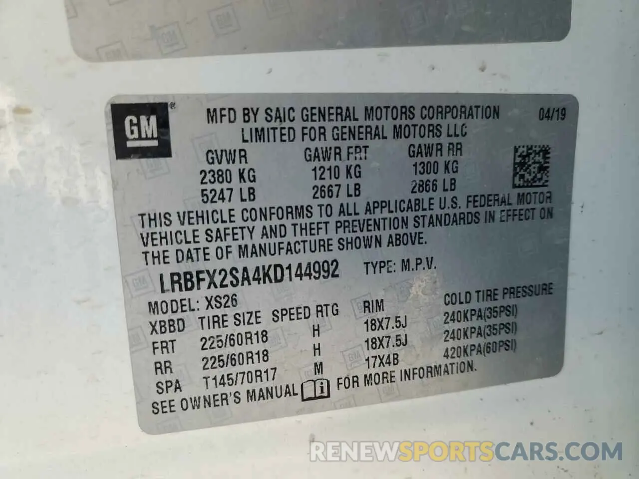 16 fotografías del automóvil dañado LRBFX2SA4KD144992 BUICK ENVISION 2019