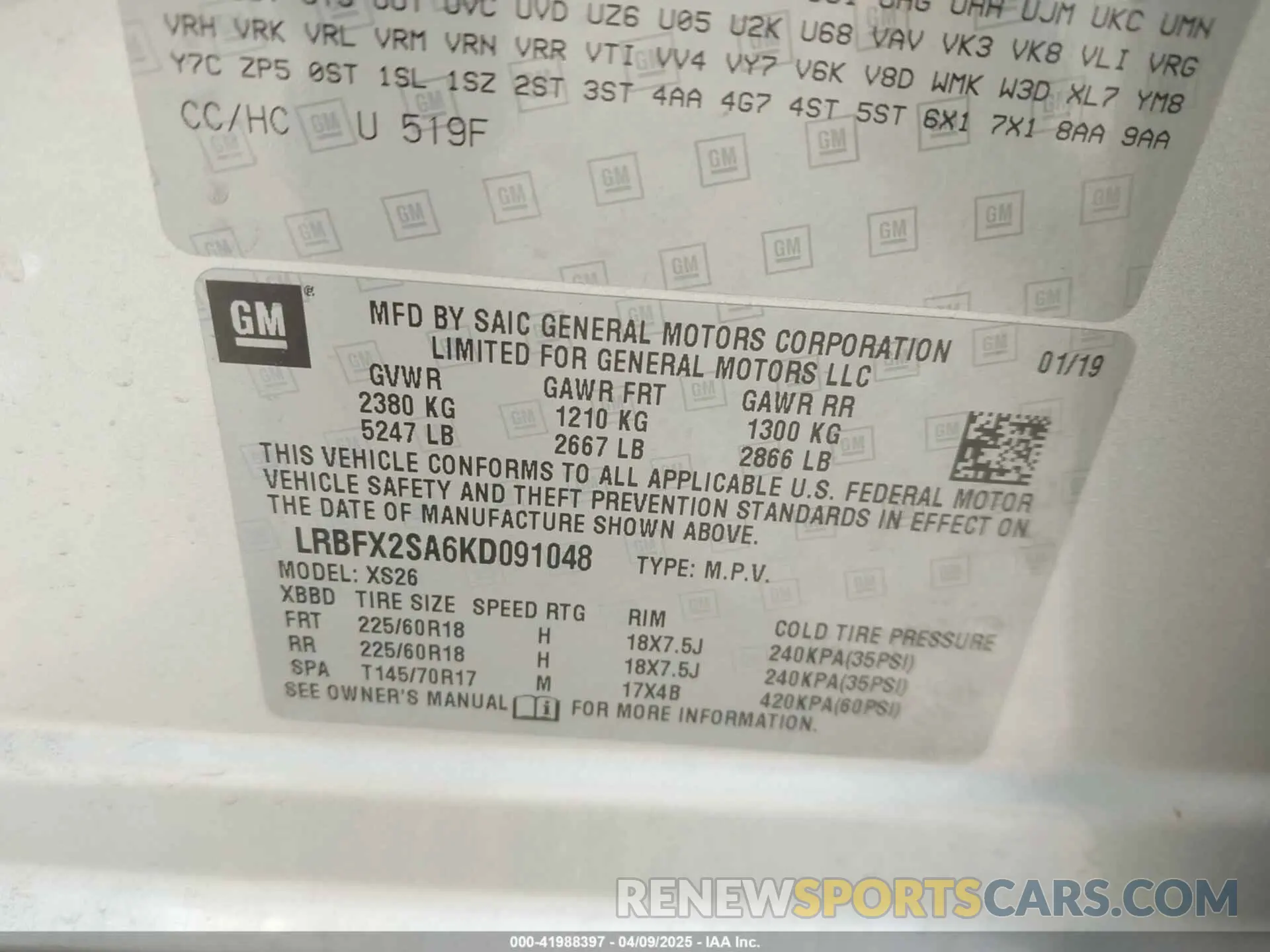 9 fotografías del automóvil dañado LRBFX2SA6KD091048 BUICK ENVISION 2019