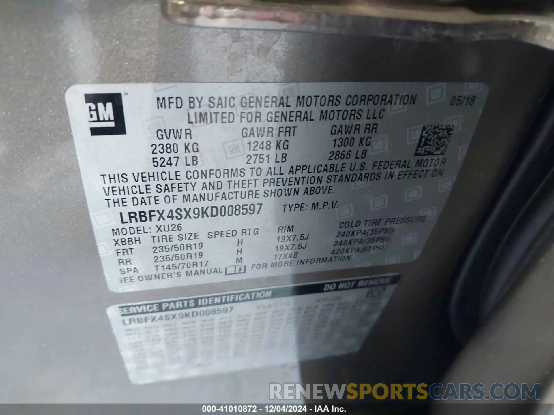 9 fotografías del automóvil dañado LRBFX4SX9KD008597 BUICK ENVISION 2019