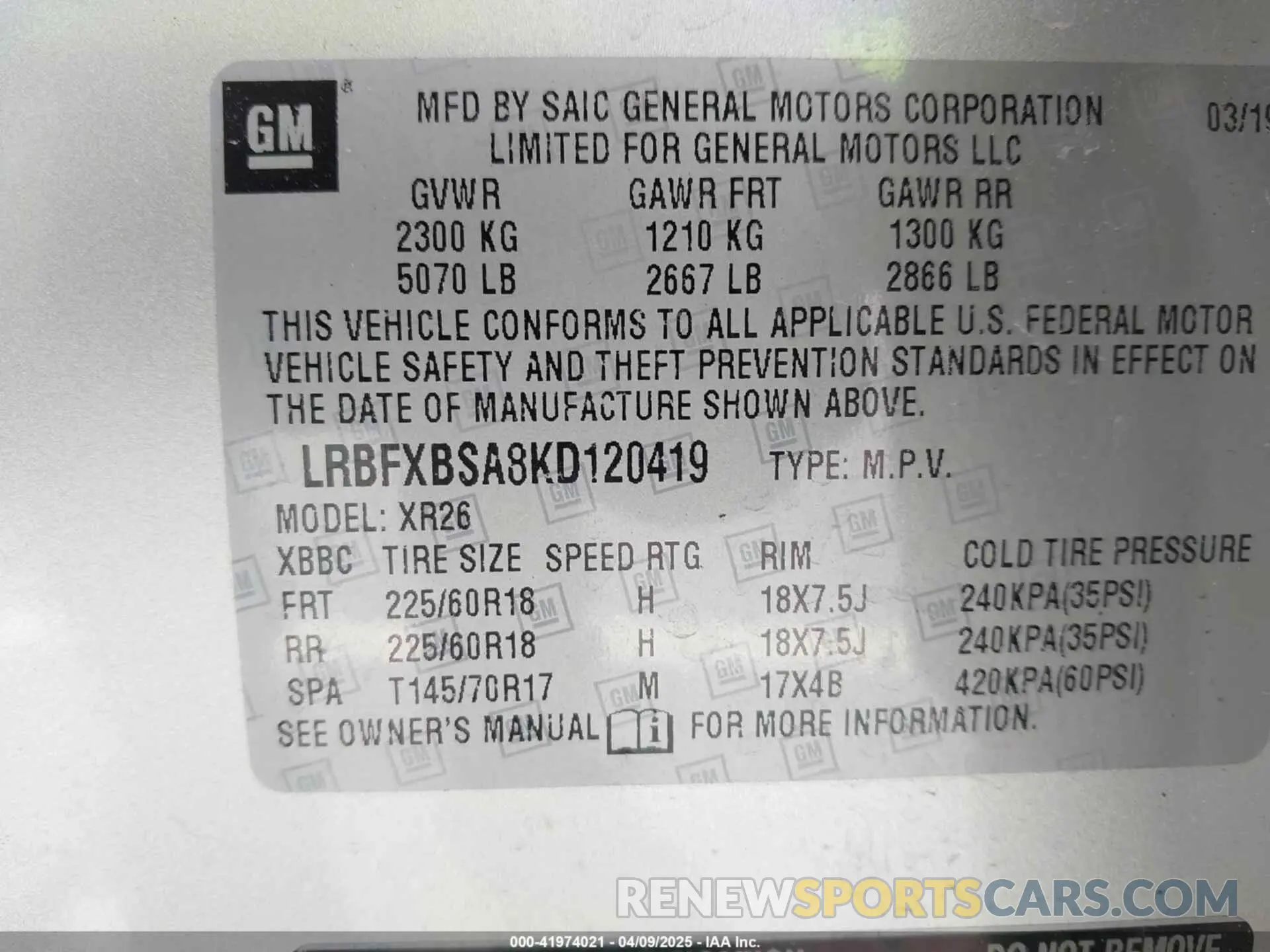 9 fotografías del automóvil dañado LRBFXBSA8KD120419 BUICK ENVISION 2019