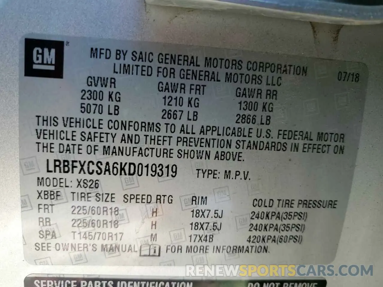 14 fotografías del automóvil dañado LRBFXCSA6KD019319 BUICK ENVISION 2019