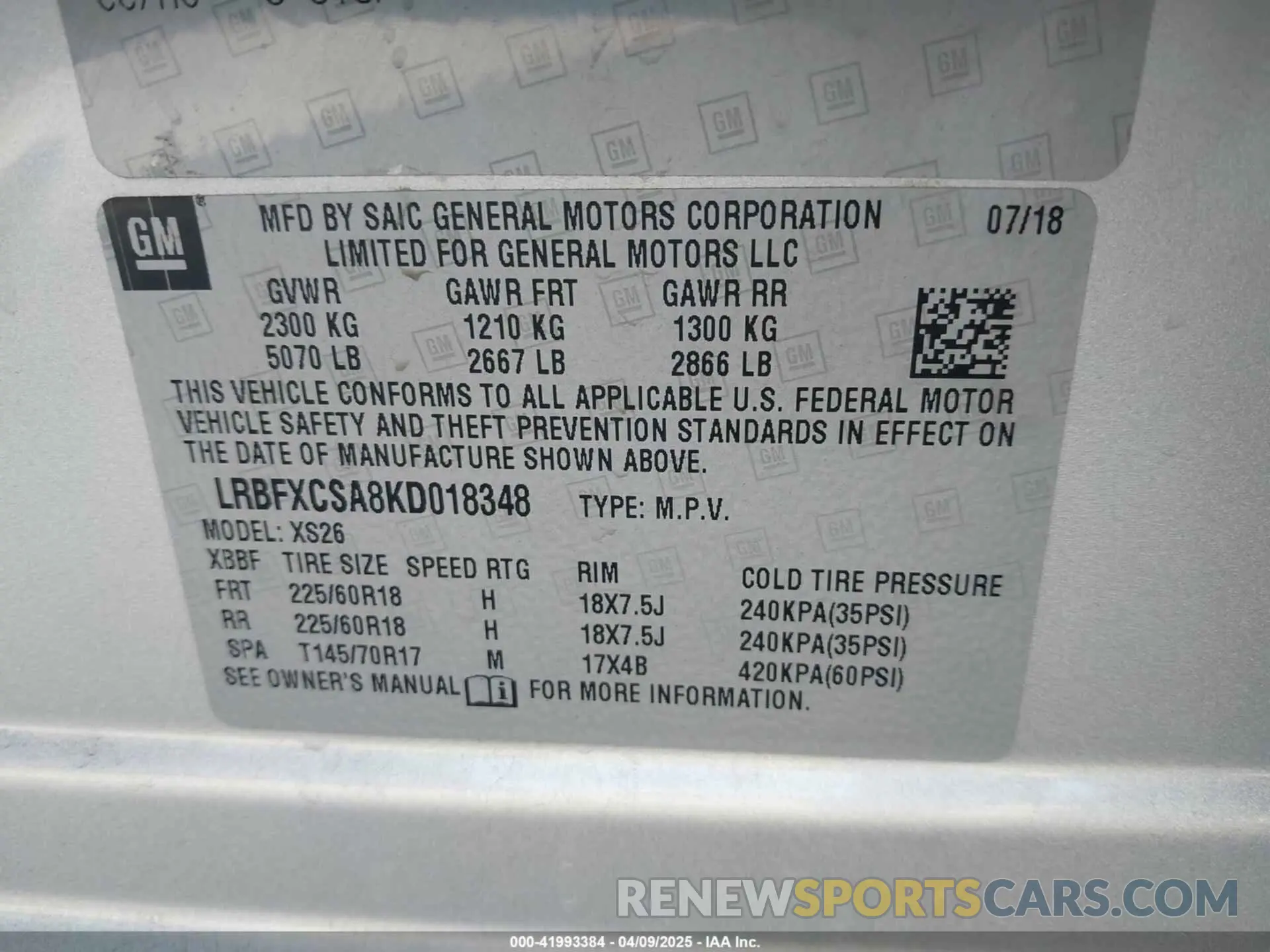 9 fotografías del automóvil dañado LRBFXCSA8KD018348 BUICK ENVISION 2019