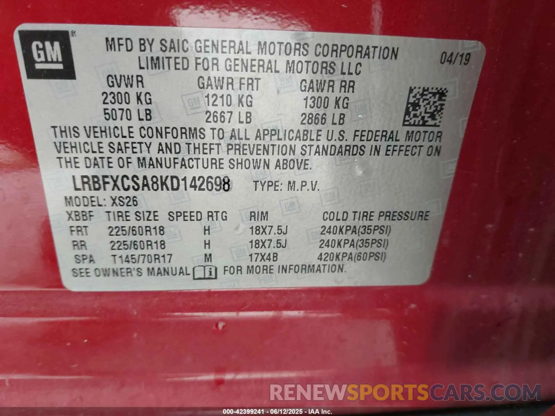 9 fotografías del automóvil dañado LRBFXCSA8KD142698 BUICK ENVISION 2019