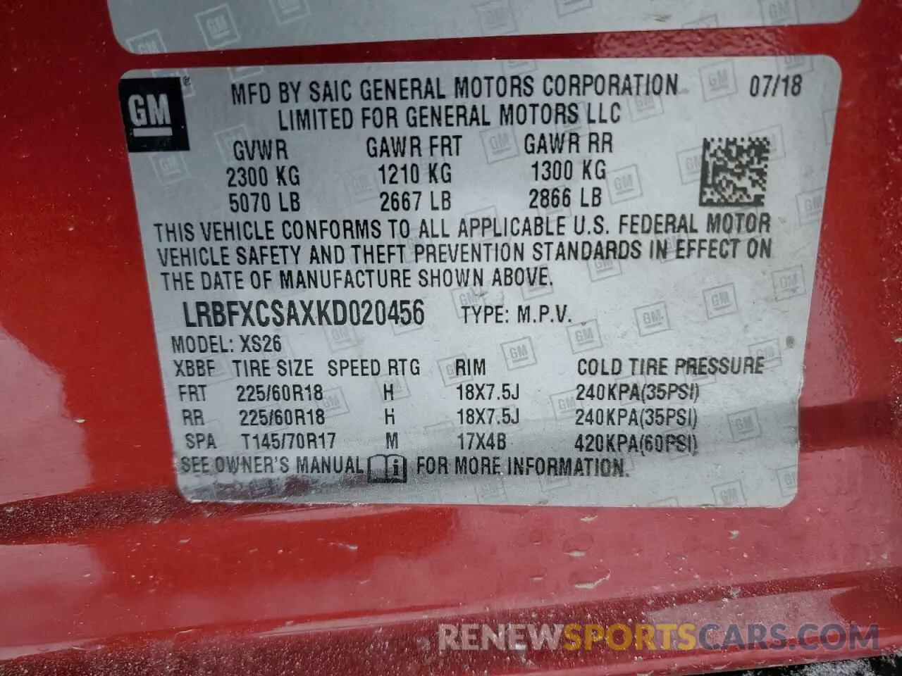 13 fotografías del automóvil dañado LRBFXCSAXKD020456 BUICK ENVISION 2019