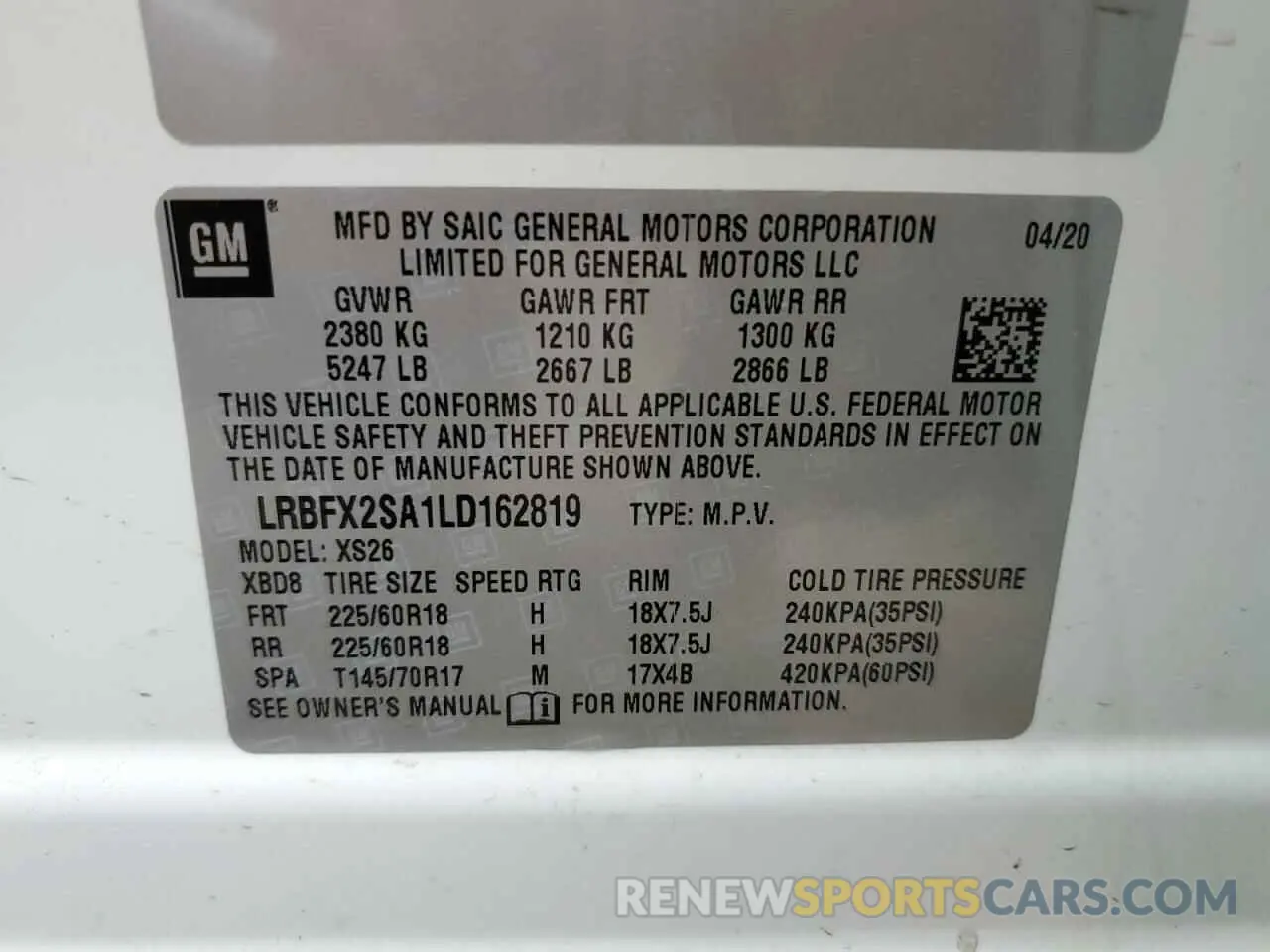 13 fotografías del automóvil dañado LRBFX2SA1LD162819 BUICK ENVISION 2020