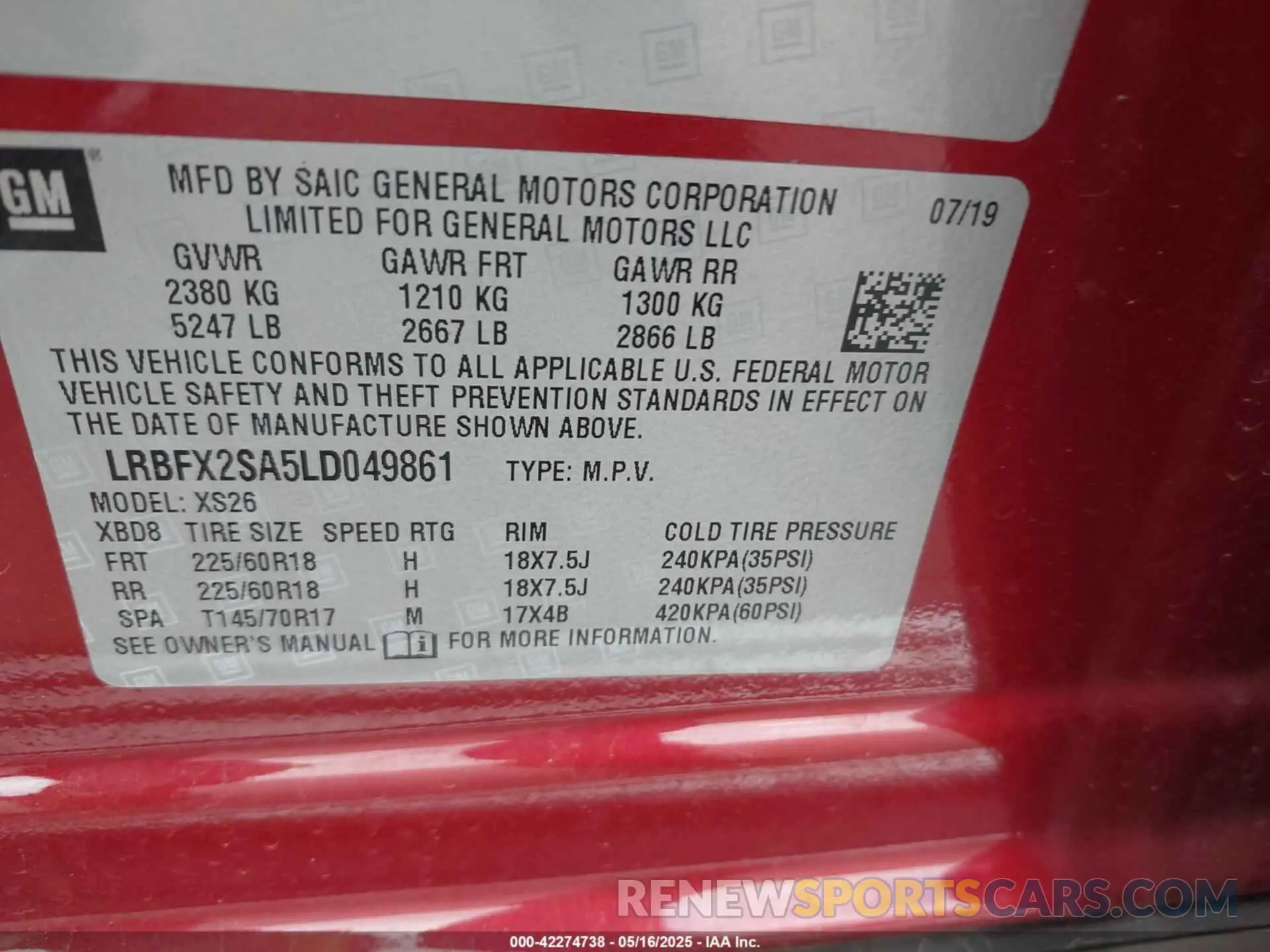 9 fotografías del automóvil dañado LRBFX2SA5LD049861 BUICK ENVISION 2020