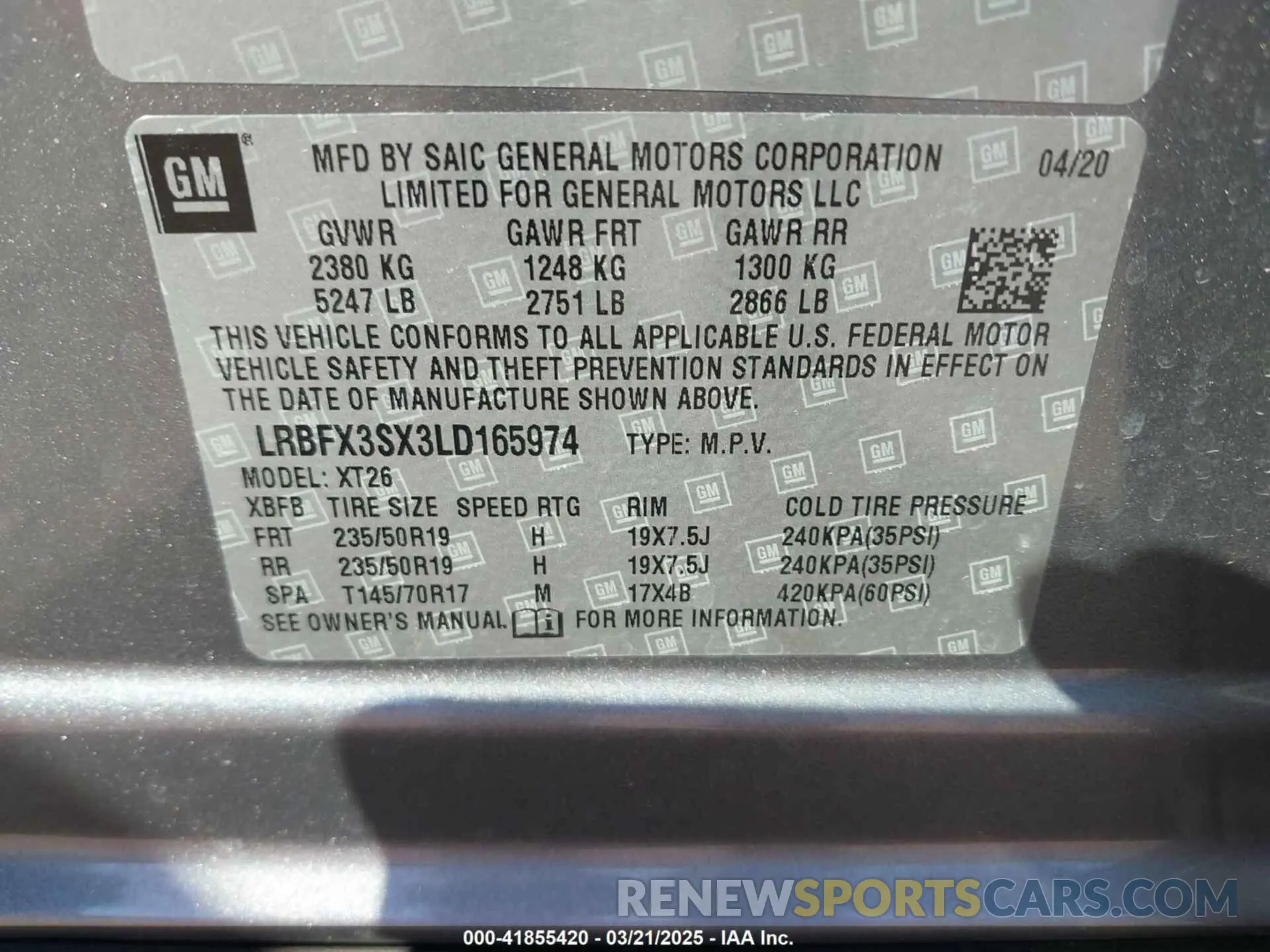9 fotografías del automóvil dañado LRBFX3SX3LD165974 BUICK ENVISION 2020