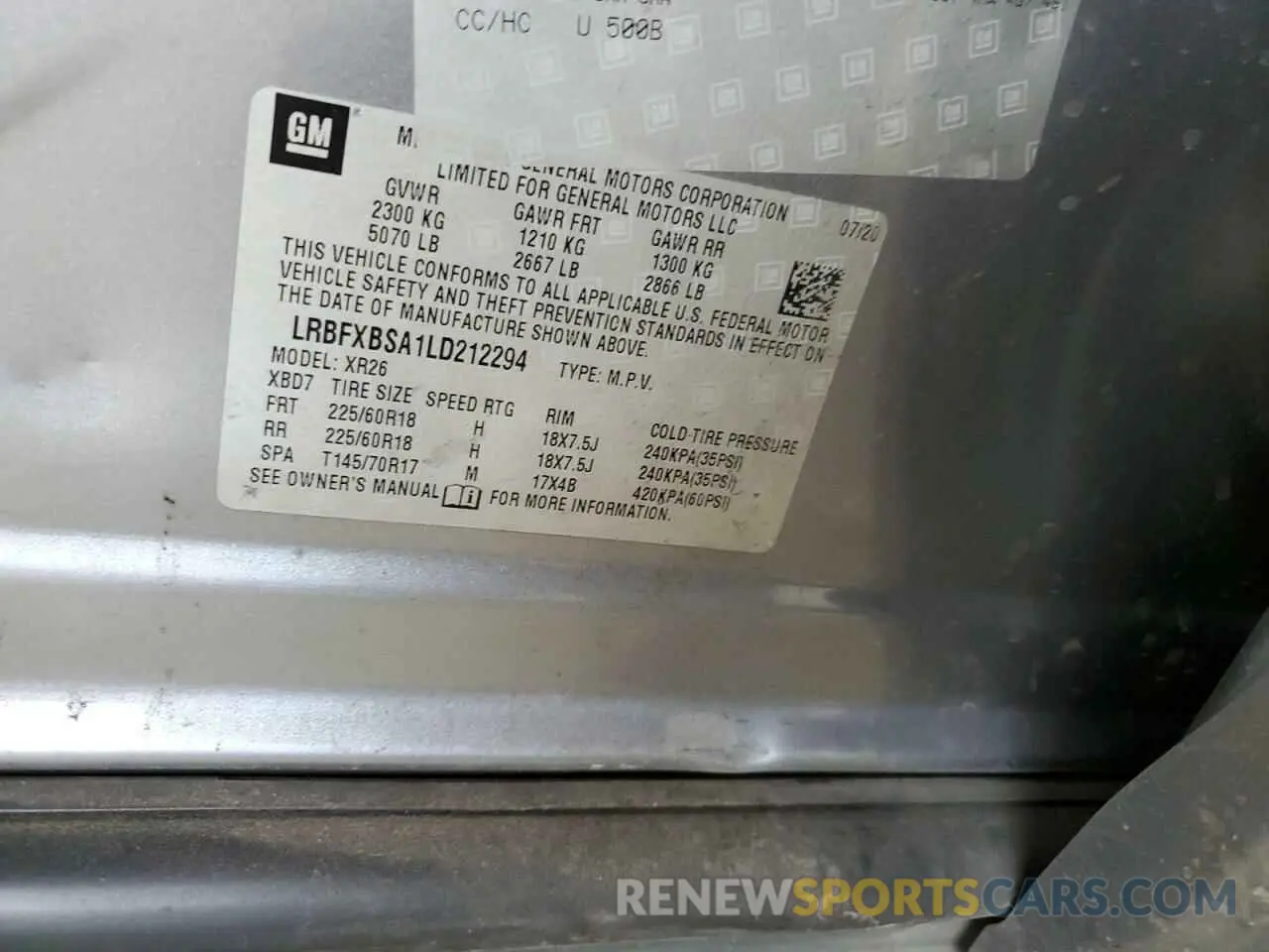 13 fotografías del automóvil dañado LRBFXBSA1LD212294 BUICK ENVISION 2020
