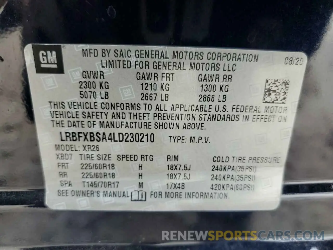 13 fotografías del automóvil dañado LRBFXBSA4LD230210 BUICK ENVISION 2020