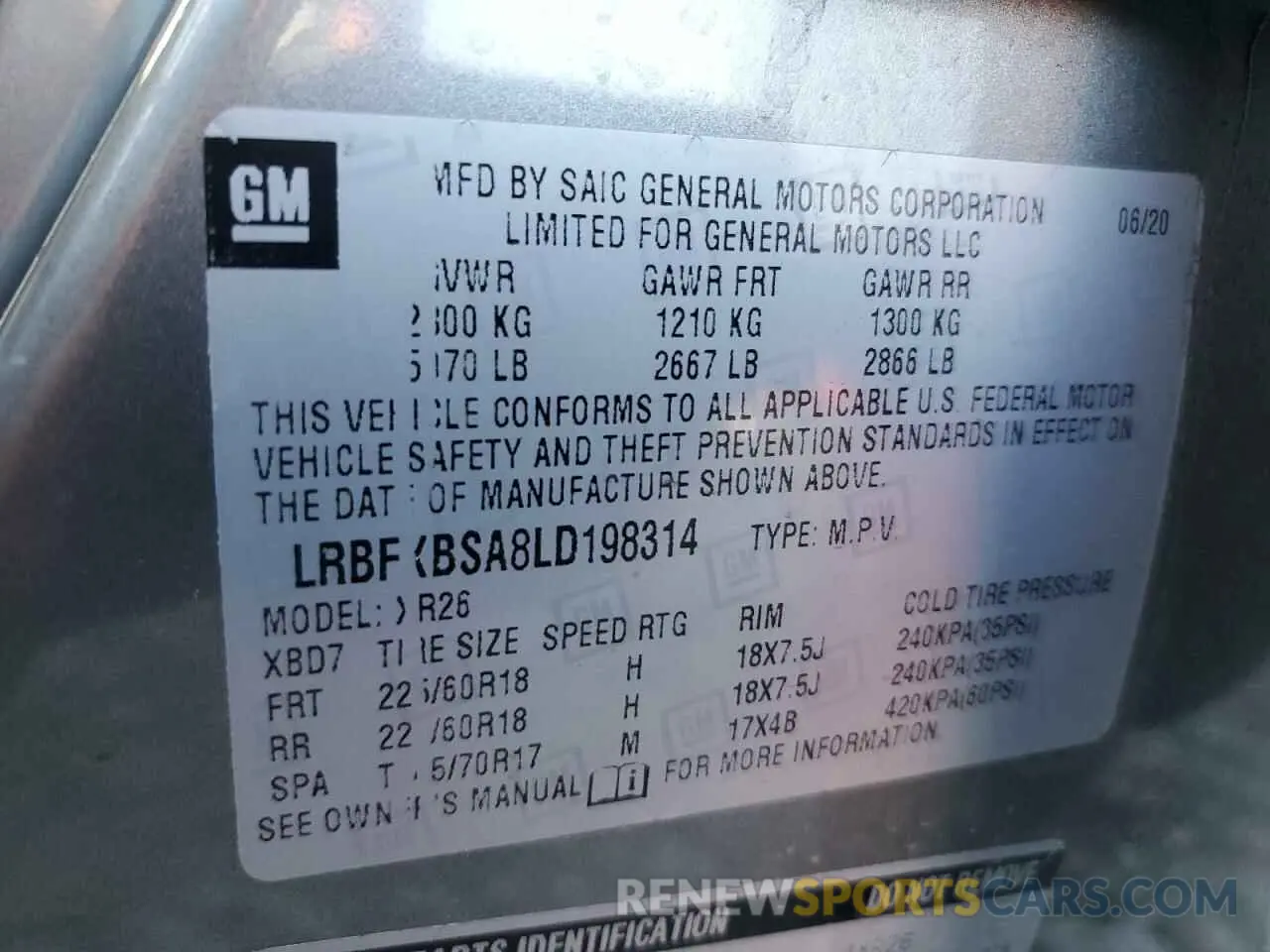 13 fotografías del automóvil dañado LRBFXBSA8LD198314 BUICK ENVISION 2020