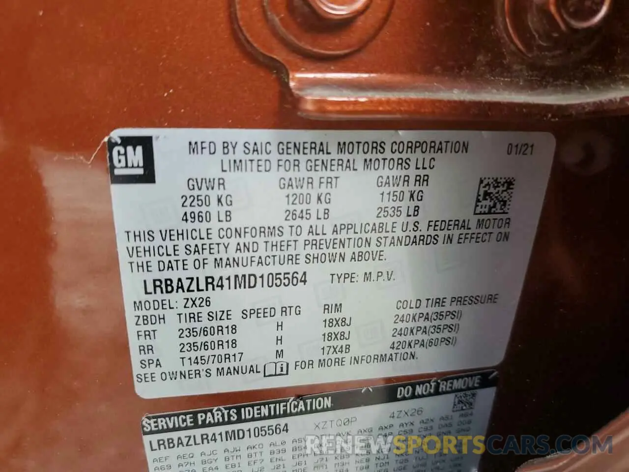 12 fotografías del automóvil dañado LRBAZLR41MD105564 BUICK ENVISION 2021