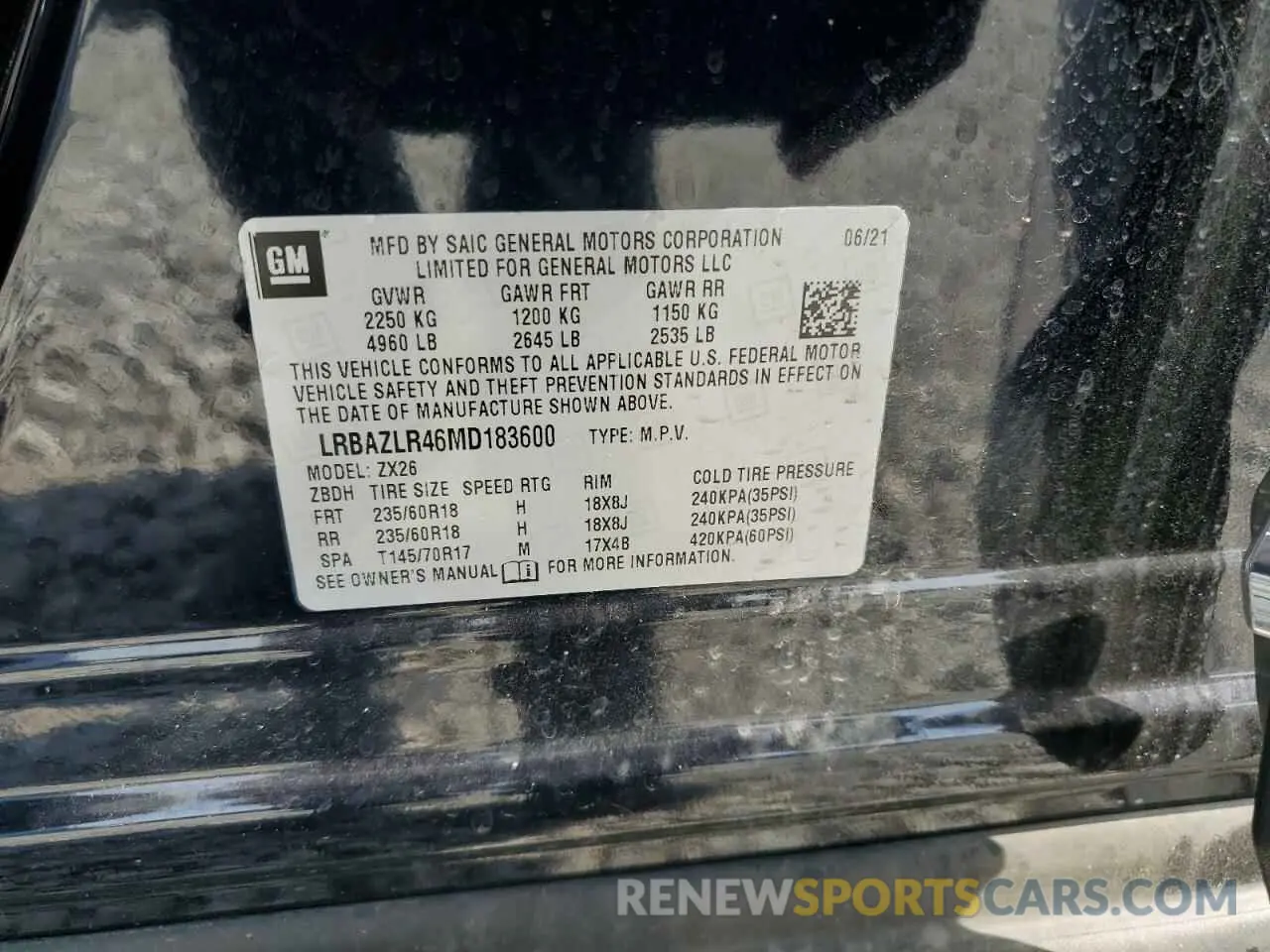 14 fotografías del automóvil dañado LRBAZLR46MD183600 BUICK ENVISION 2021