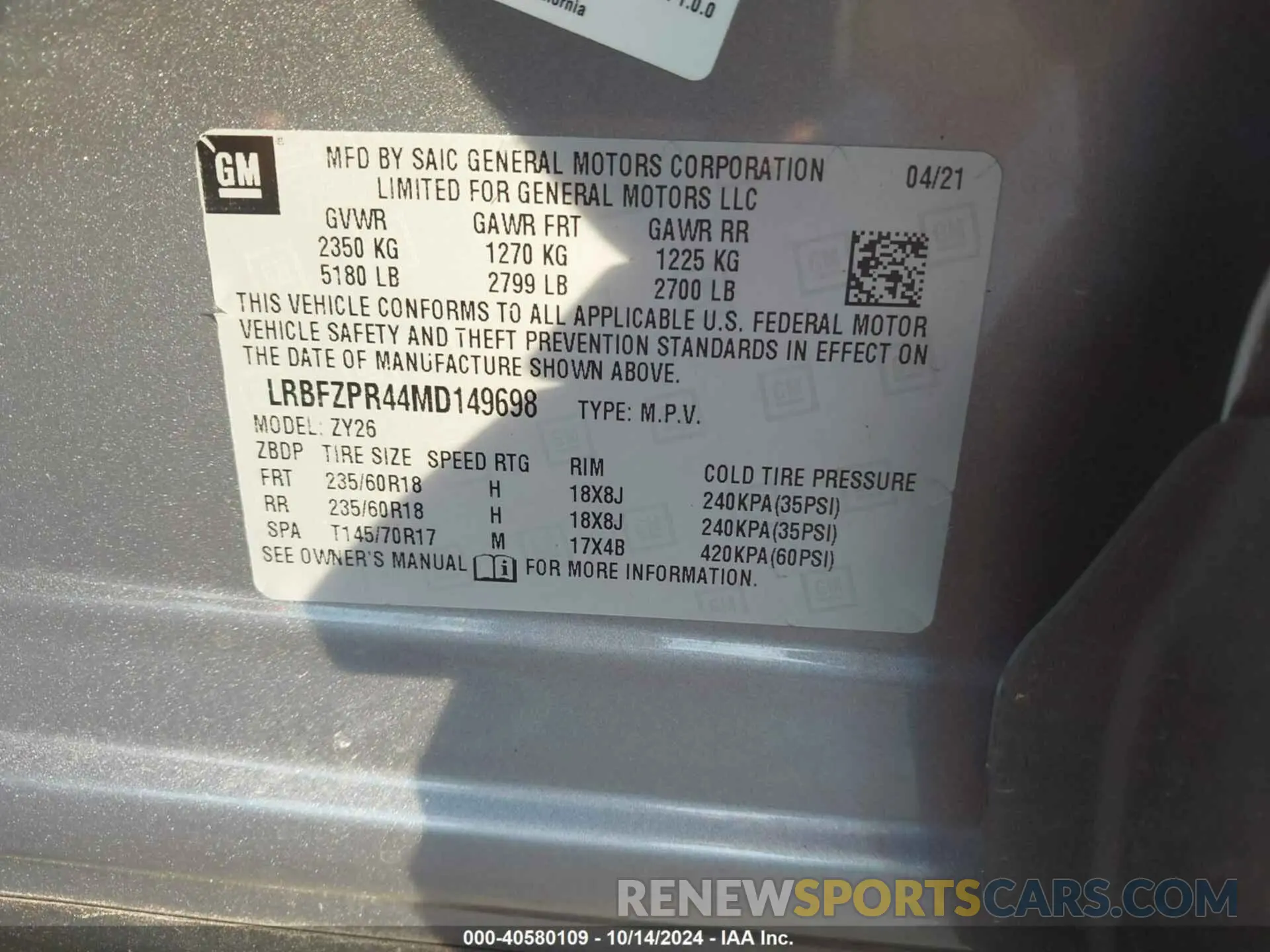 9 fotografías del automóvil dañado LRBFZPR44MD149698 BUICK ENVISION 2021