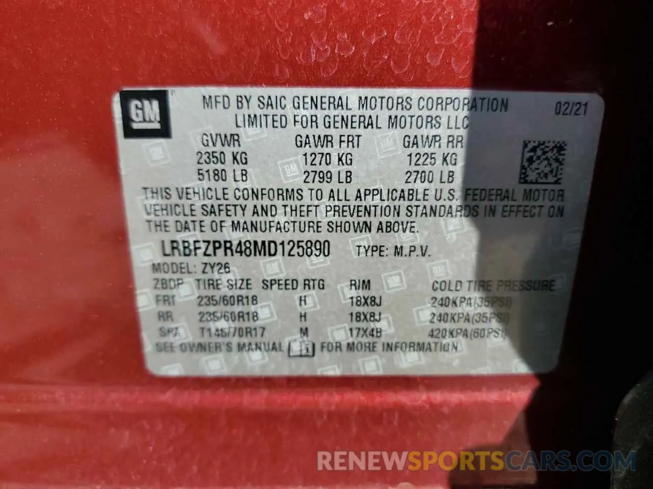 14 fotografías del automóvil dañado LRBFZPR48MD125890 BUICK ENVISION 2021