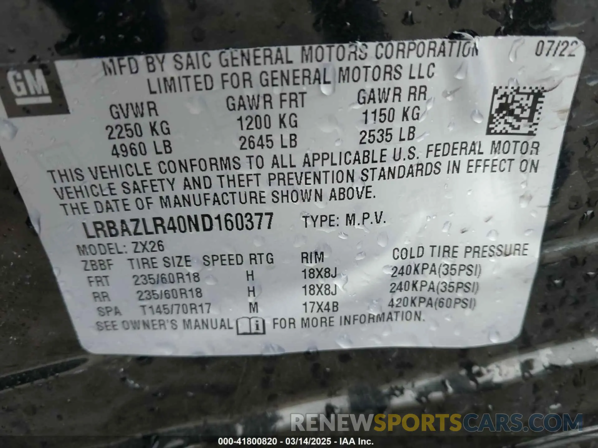9 fotografías del automóvil dañado LRBAZLR40ND160377 BUICK ENVISION 2022