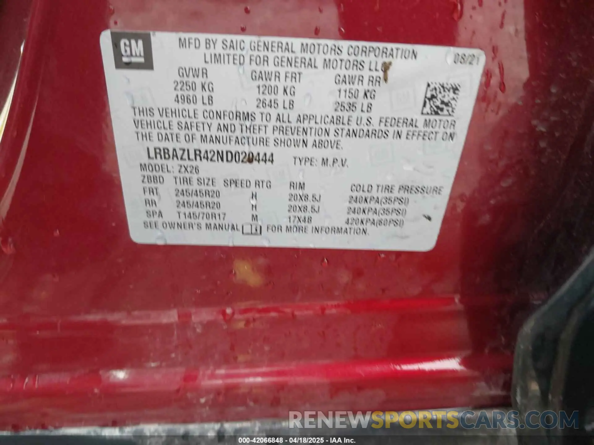 9 fotografías del automóvil dañado LRBAZLR42ND020444 BUICK ENVISION 2022
