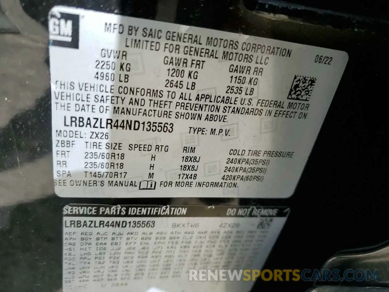 13 fotografías del automóvil dañado LRBAZLR44ND135563 BUICK ENVISION 2022