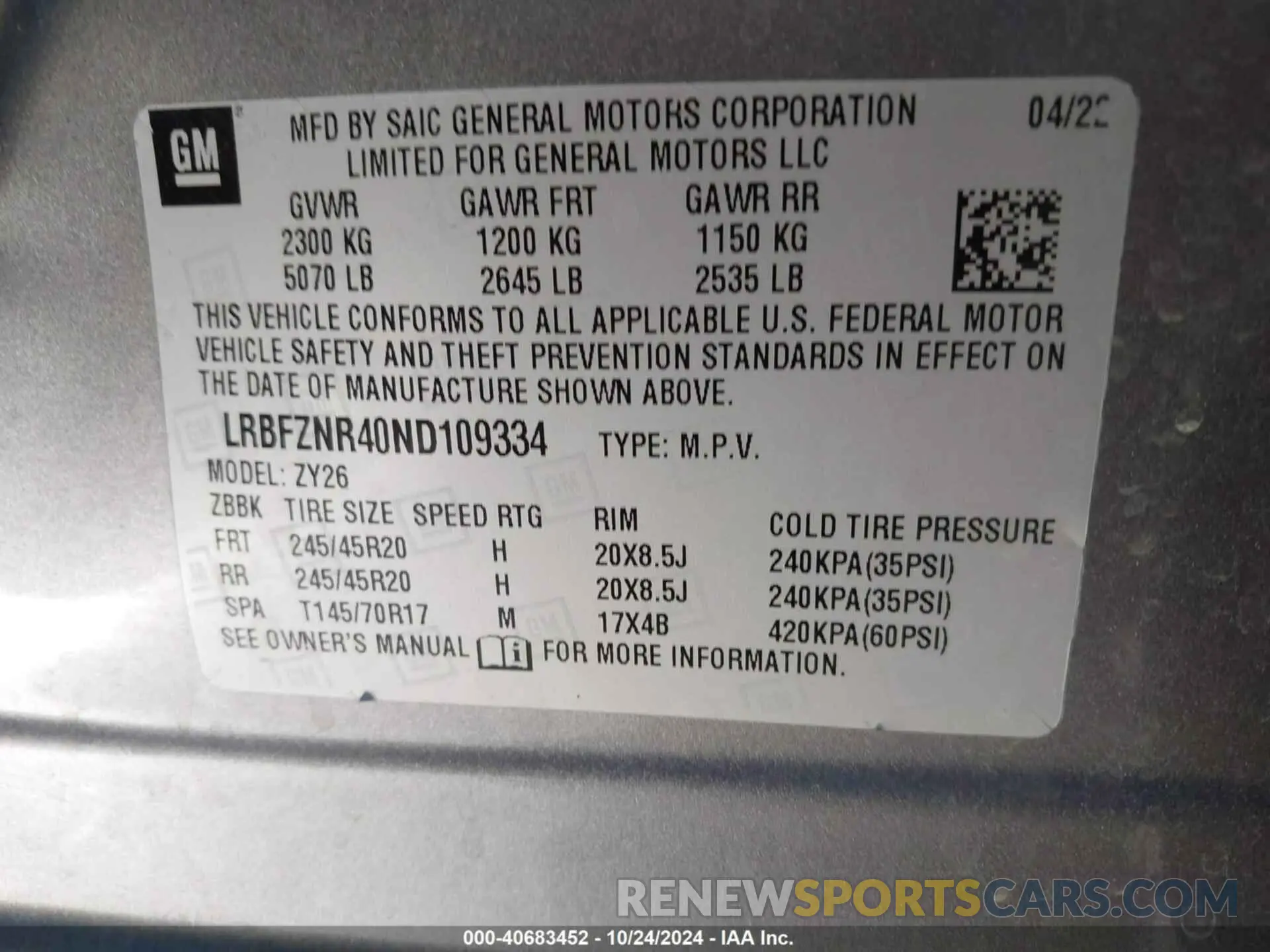 9 fotografías del automóvil dañado LRBFZNR40ND109334 BUICK ENVISION 2022
