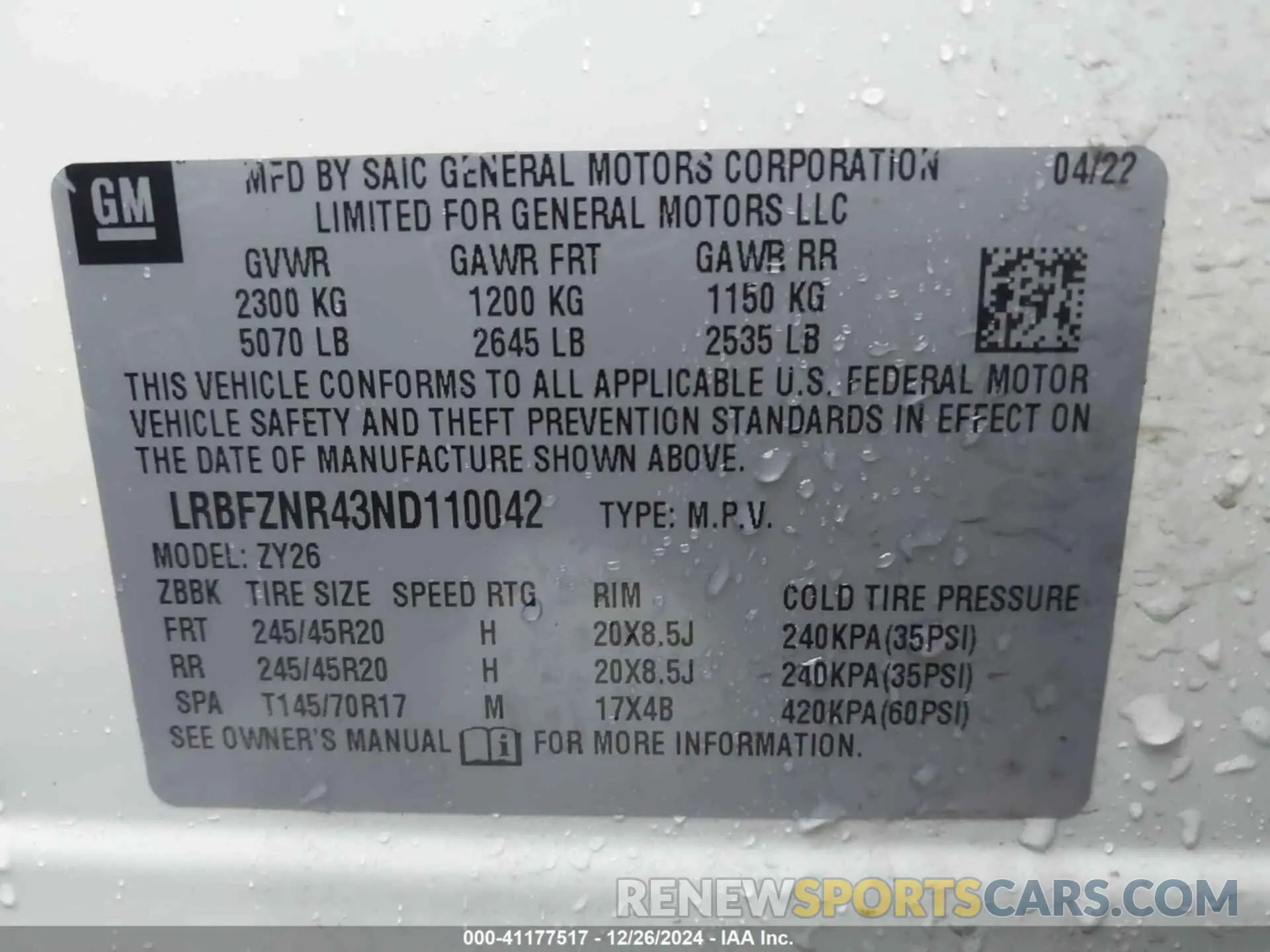 9 fotografías del automóvil dañado LRBFZNR43ND110042 BUICK ENVISION 2022