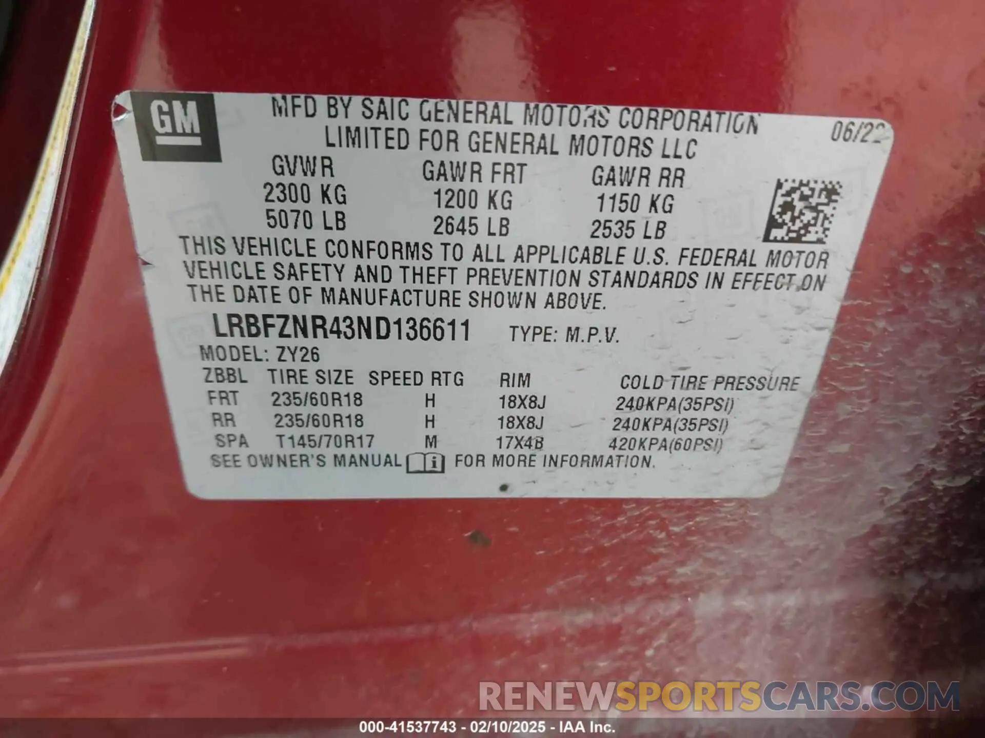 9 fotografías del automóvil dañado LRBFZNR43ND136611 BUICK ENVISION 2022