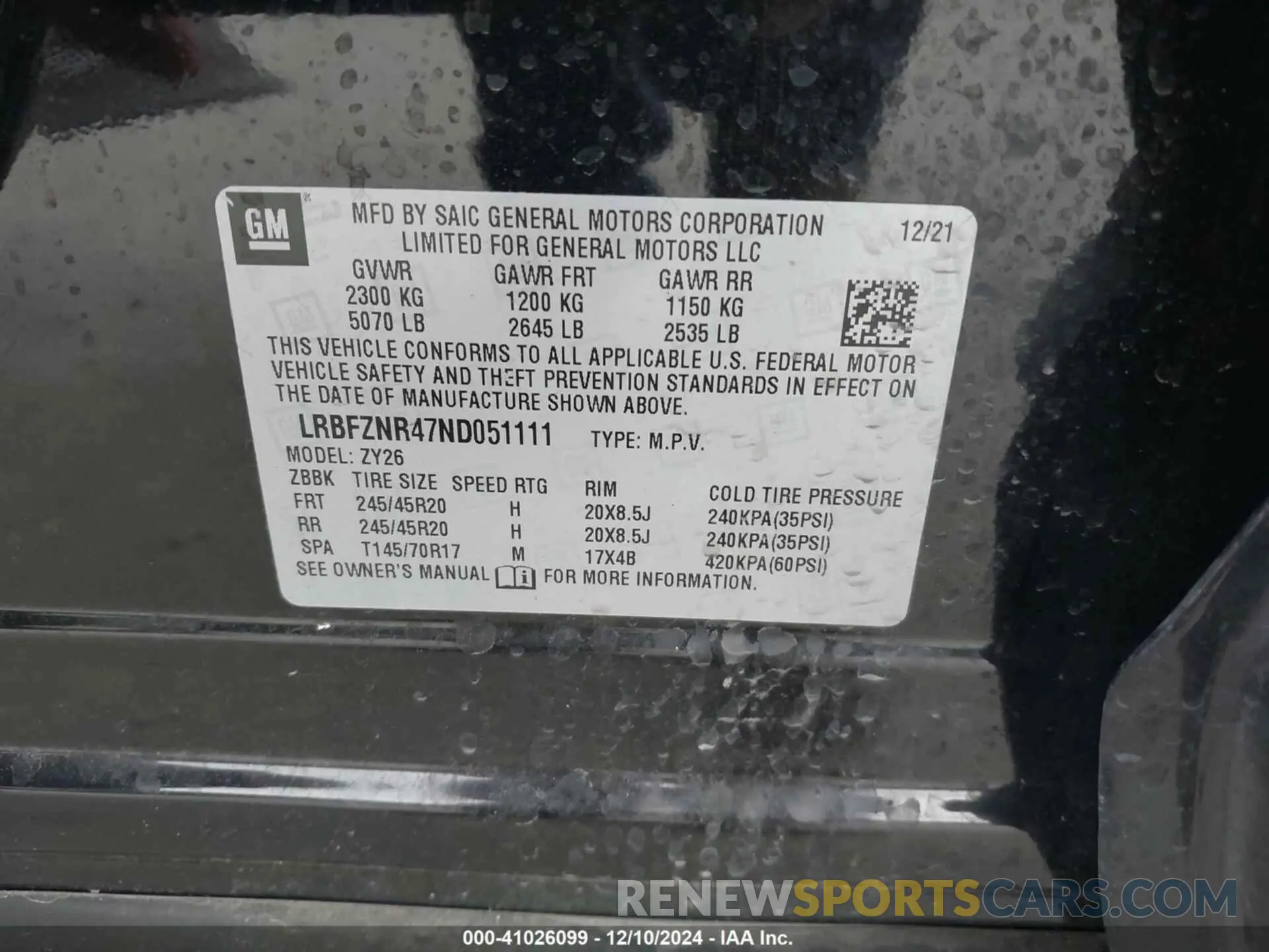 9 fotografías del automóvil dañado LRBFZNR47ND051111 BUICK ENVISION 2022