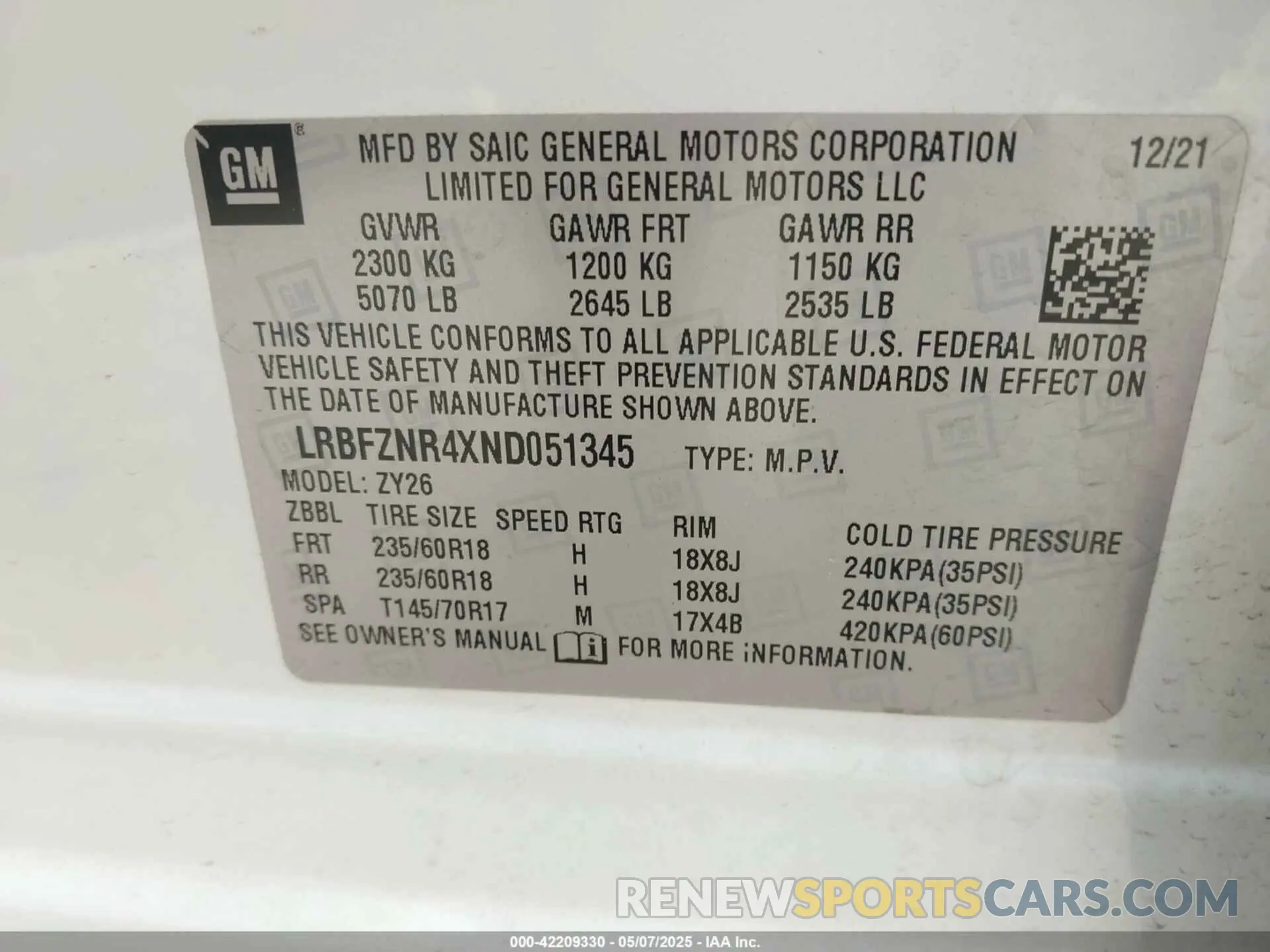 9 fotografías del automóvil dañado LRBFZNR4XND051345 BUICK ENVISION 2022