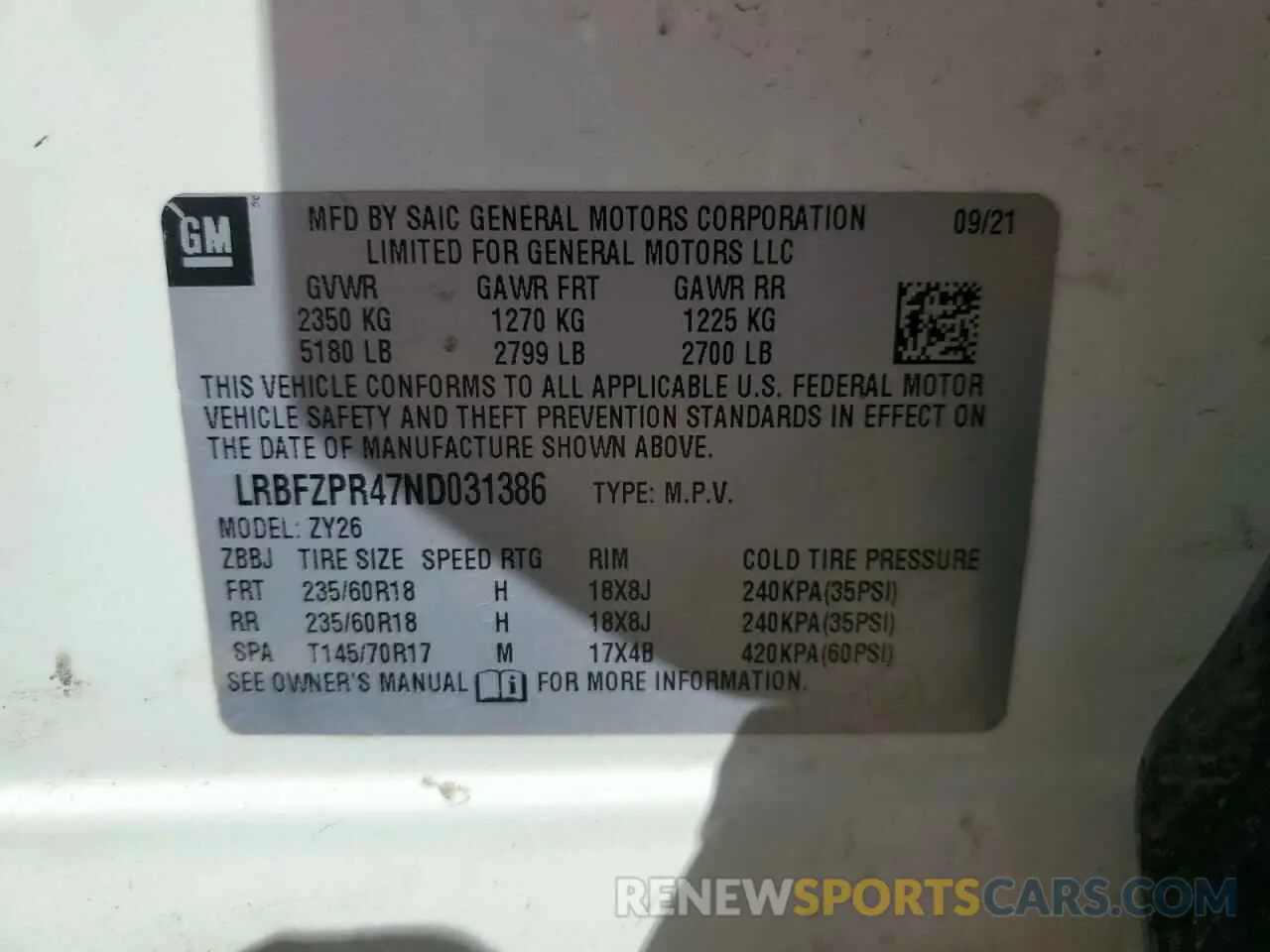 13 fotografías del automóvil dañado LRBFZPR47ND031386 BUICK ENVISION 2022
