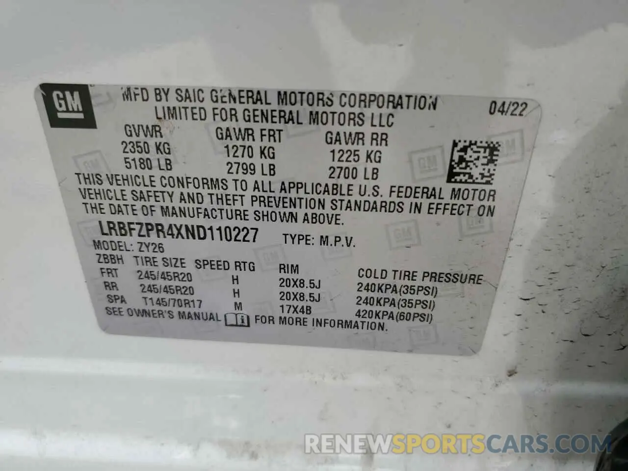 13 fotografías del automóvil dañado LRBFZPR4XND110227 BUICK ENVISION 2022