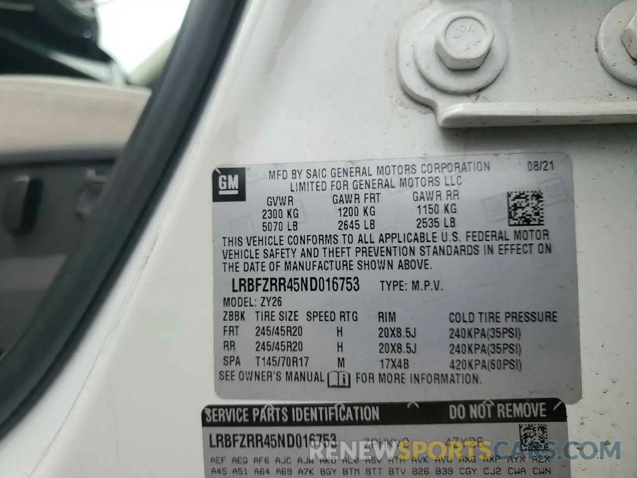 13 fotografías del automóvil dañado LRBFZSR48ND015376 BUICK ENVISION 2022