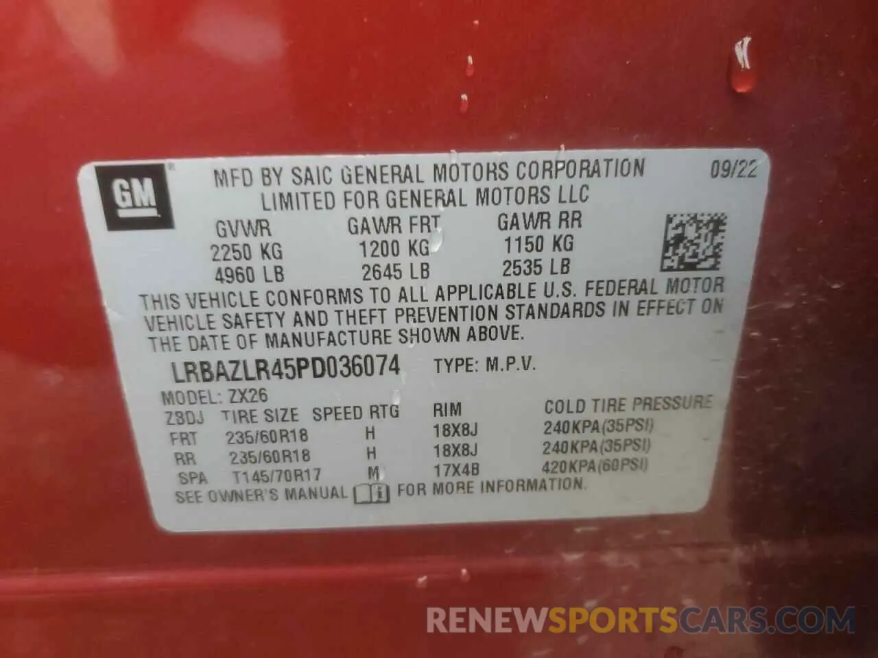 15 fotografías del automóvil dañado LRBAZLR45PD036074 BUICK ENVISION 2023