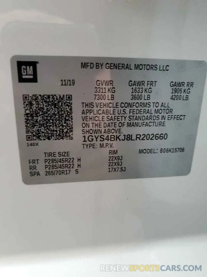 14 fotografías del automóvil dañado 1GYS4BKJ8LR202660 CADILLAC ESCALADE 2020