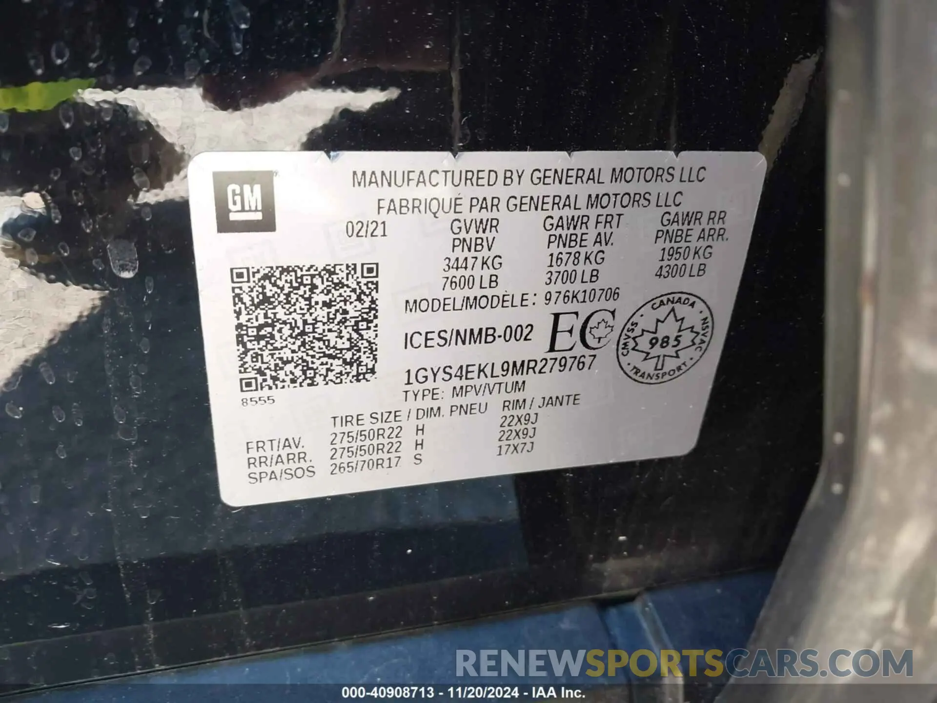 9 fotografías del automóvil dañado 1GYS4EKL9MR279767 CADILLAC ESCALADE 2021