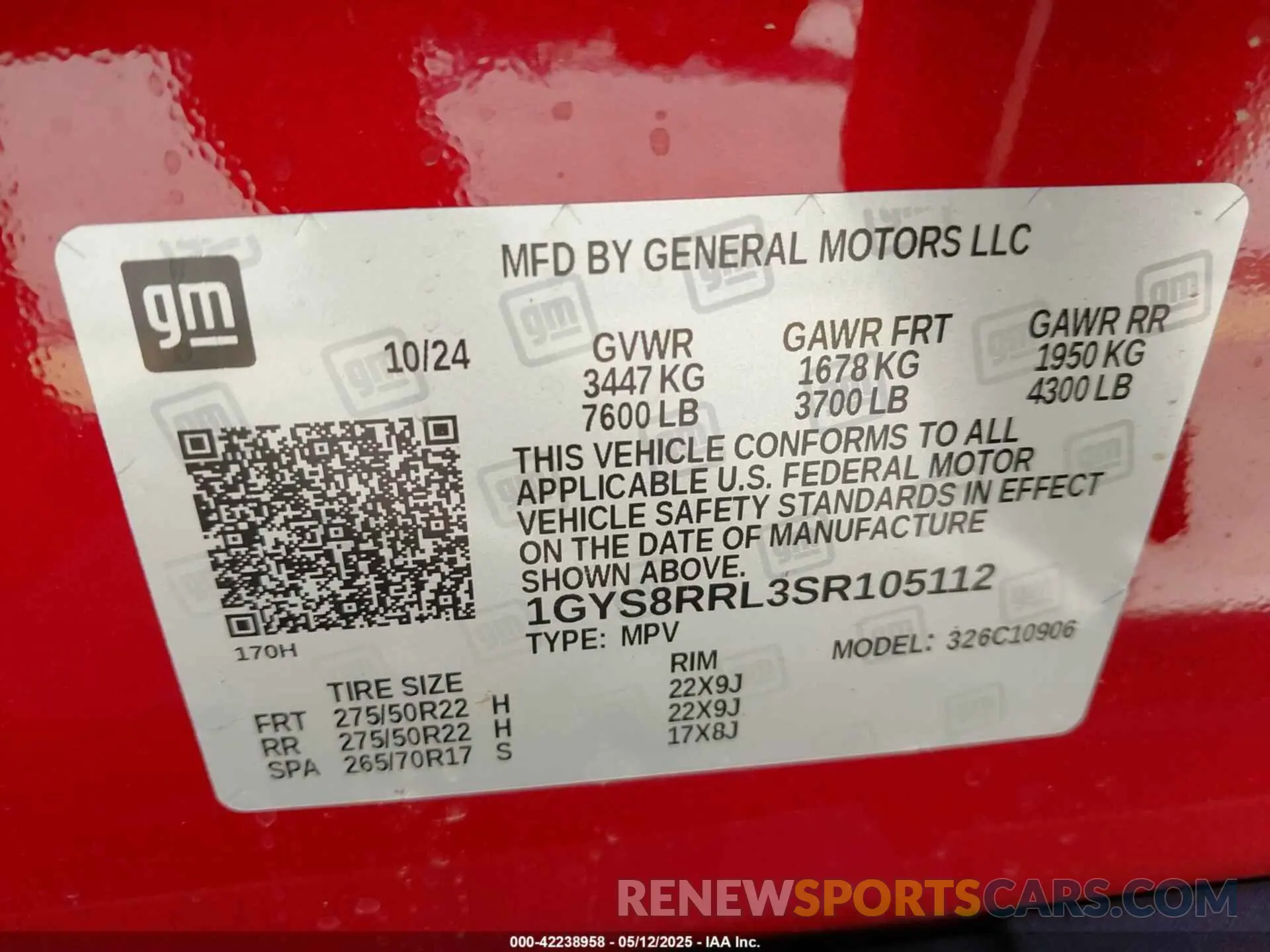 9 fotografías del automóvil dañado 1GYS8RRL3SR105112 CADILLAC ESCALADE ESV 2025