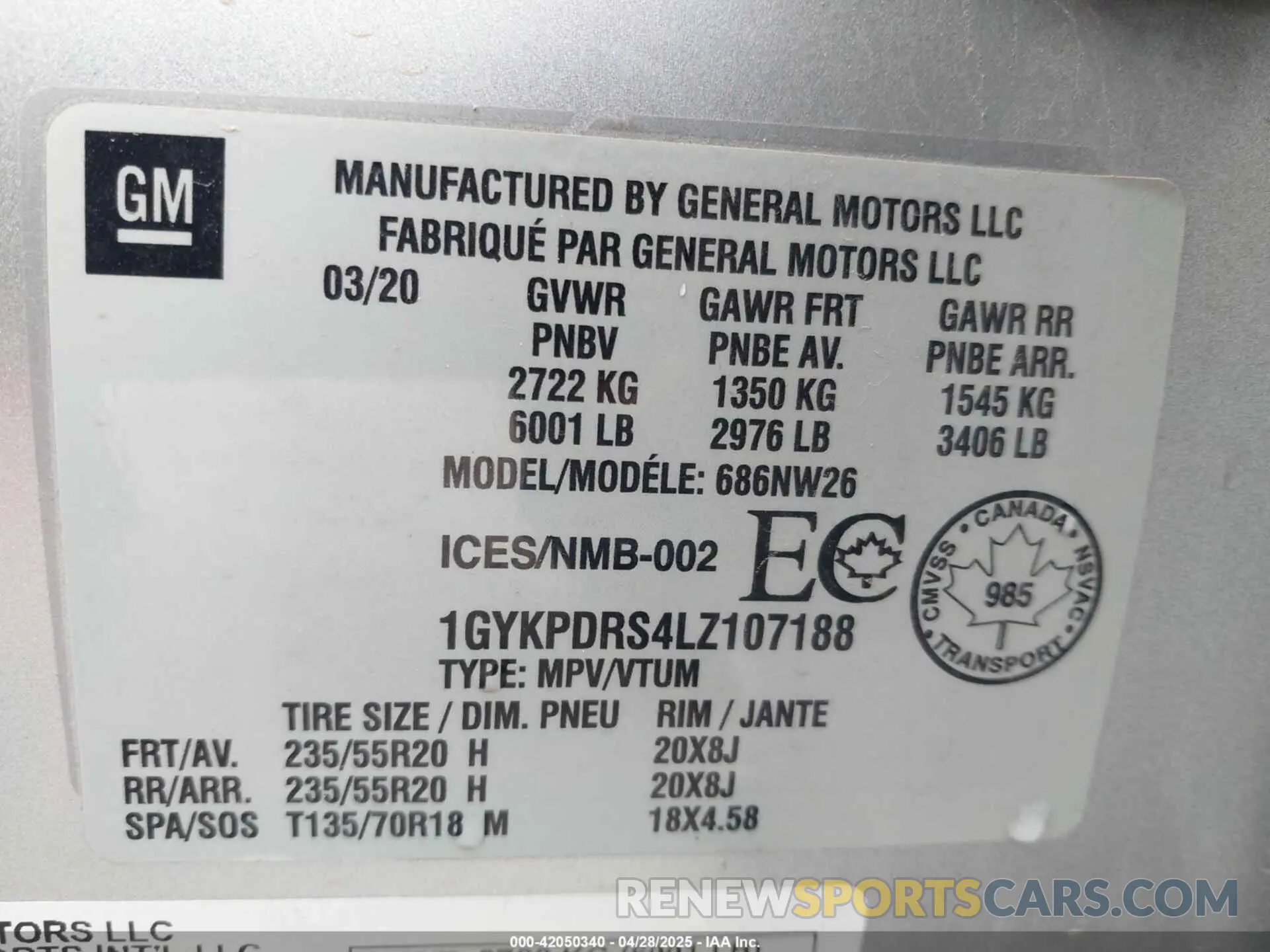 9 fotografías del automóvil dañado 1GYKPDRS4LZ107188 CADILLAC XT6 2020