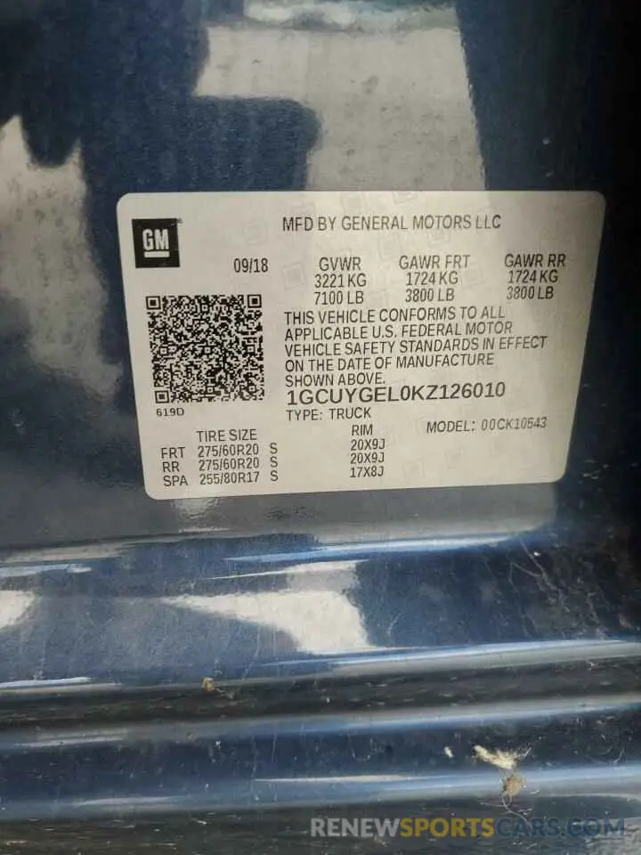 12 fotografías del automóvil dañado 1GCUYGEL0KZ126010 CHEVROLET ALL Models 2019