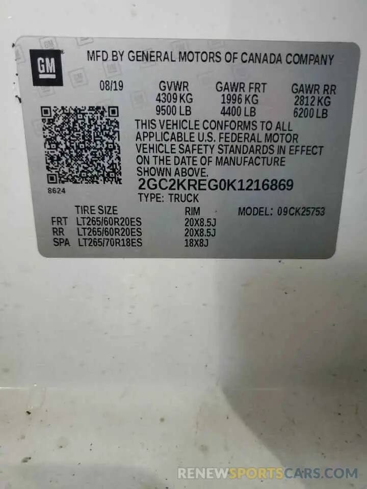 12 fotografías del automóvil dañado 2GC2KREG0K1216869 CHEVROLET ALL Models 2019