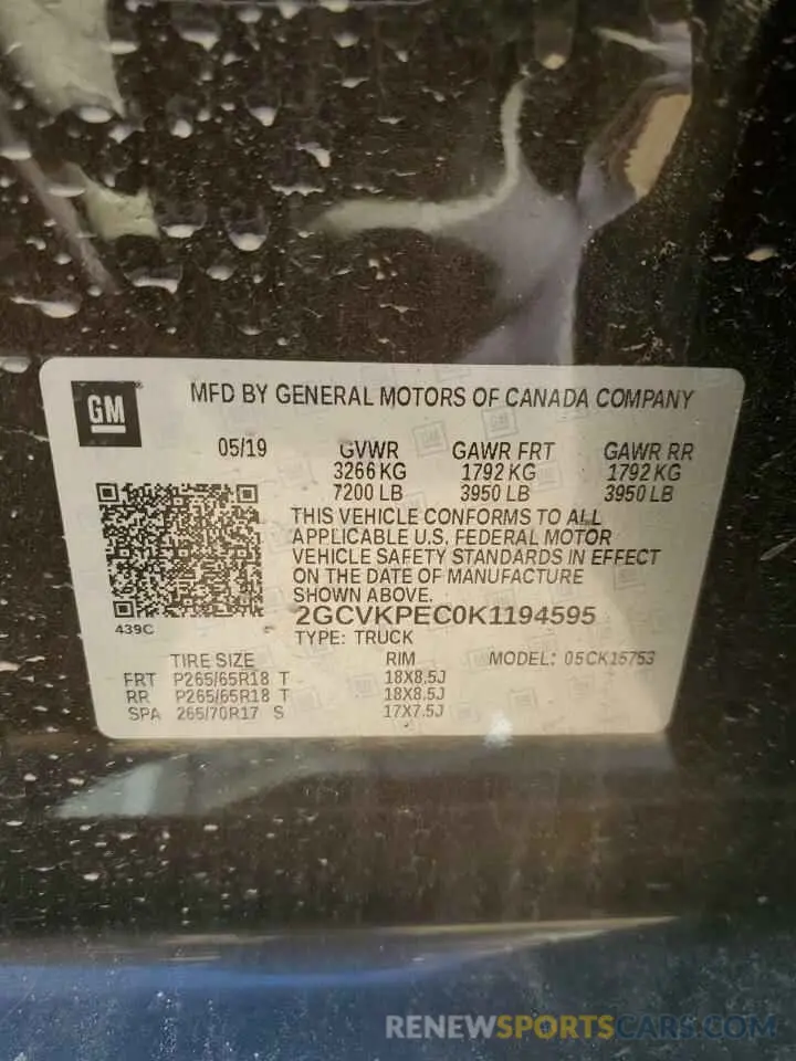 12 fotografías del automóvil dañado 2GCVKPEC0K1194595 CHEVROLET ALL Models 2019