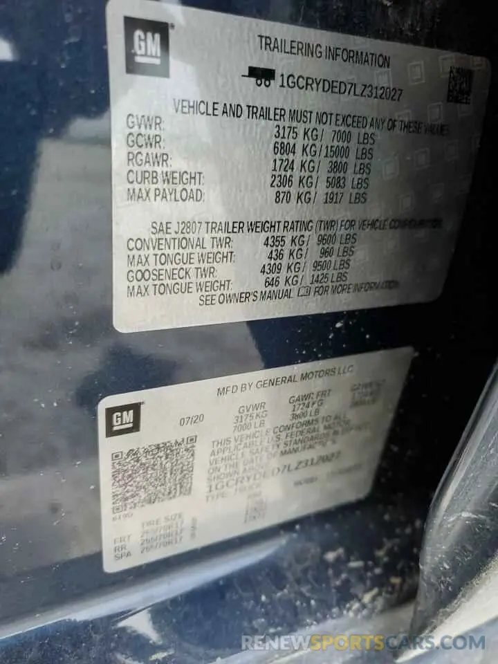 15 fotografías del automóvil dañado 1GCRYDED7LZ312027 CHEVROLET ALL Models 2020