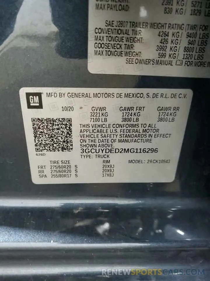 12 fotografías del automóvil dañado 3GCUYDED2MG116296 CHEVROLET ALL Models 2021