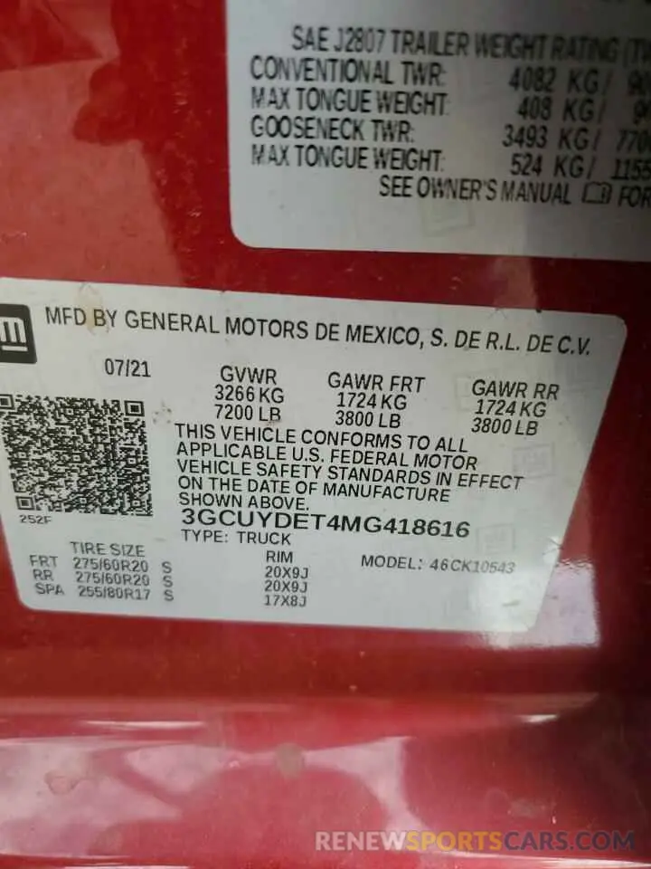 12 fotografías del automóvil dañado 3GCUYDET4MG418616 CHEVROLET ALL Models 2021